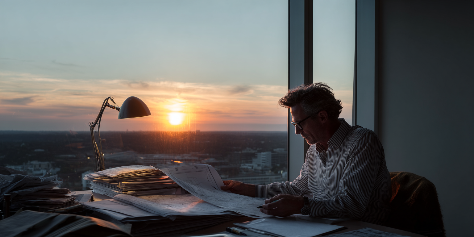 Um homem trabalhando em um escritório moderno, analisando documentos e plantas enquanto aprecia o pôr do sol através de uma grande janela. A cena captura a luz suave do entardecer refletindo nos papéis e na mesa, criando uma atmosfera de concentração e tranquilidade.