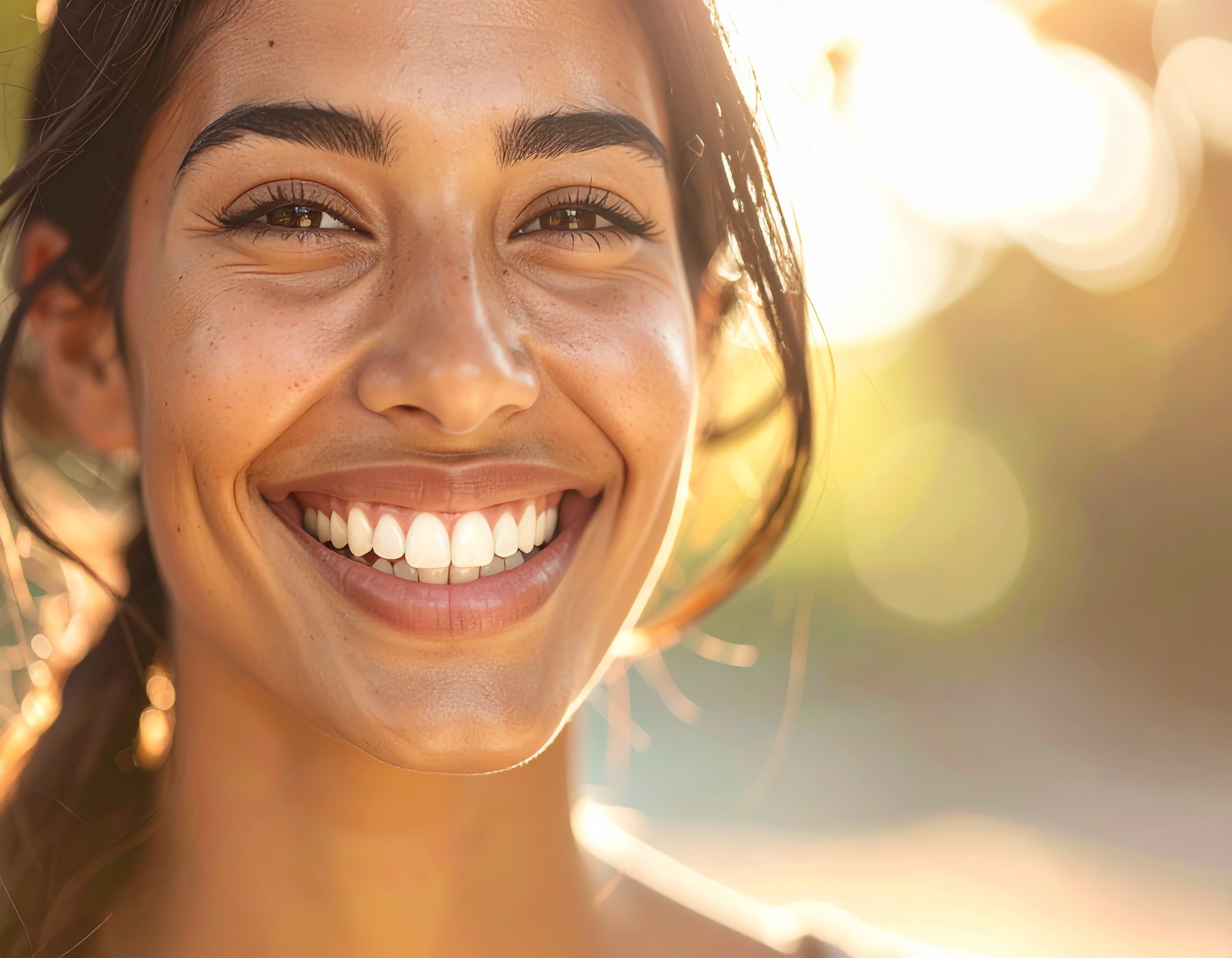 A woman smiling radiantly in sunlight, embodying joy and positivity