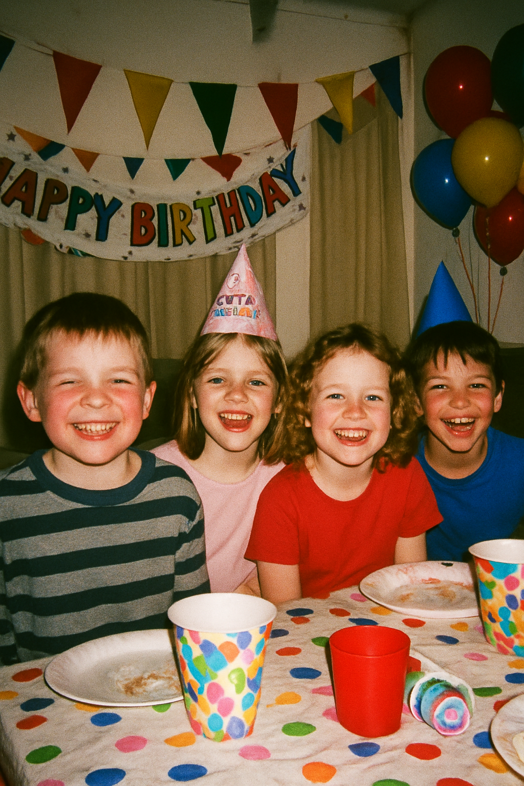 A lively birthday party scene with four smiling children wearing colorful party hats