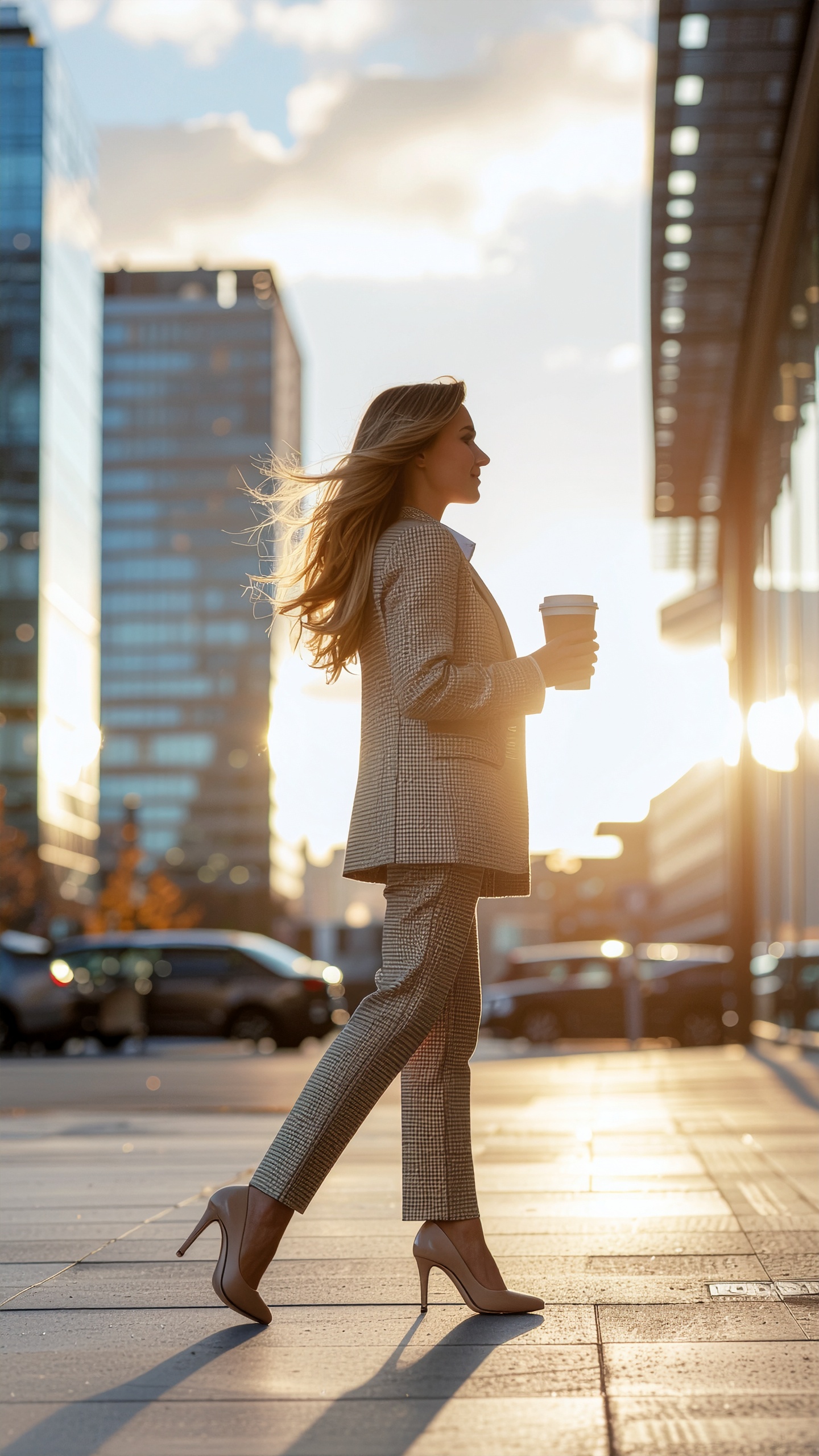 Woman Walking at Sunset in City with Golden Light