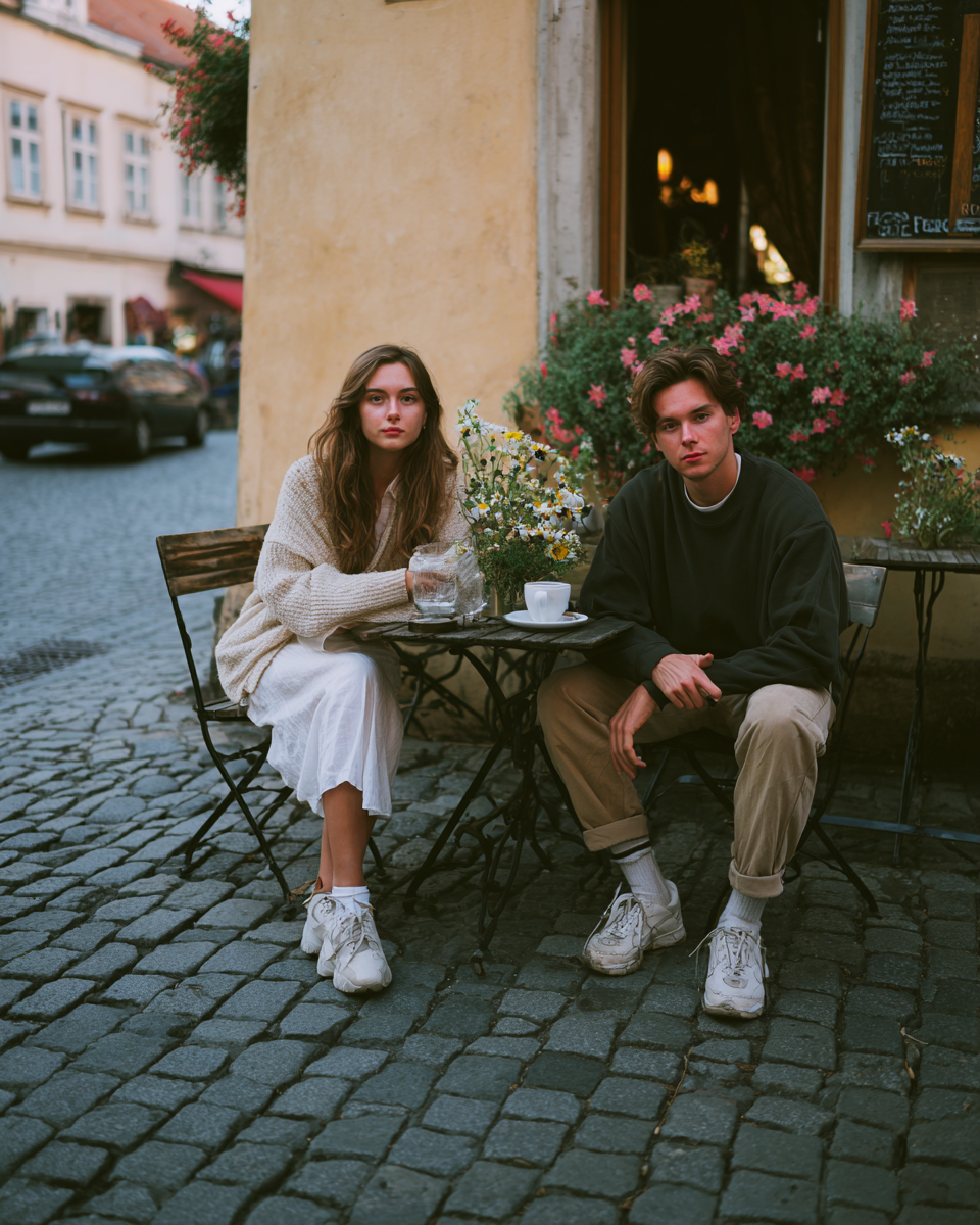 Um casal jovem sentado em uma mesa de café ao ar livre, rodeado por flores coloridas e edifícios históricos. A mulher usa um suéter claro e uma saia branca, enquanto o homem veste uma camiseta preta e calças claras. O ambiente tem um charme europeu com ruas de pedra e uma atmosfera acolhedora.