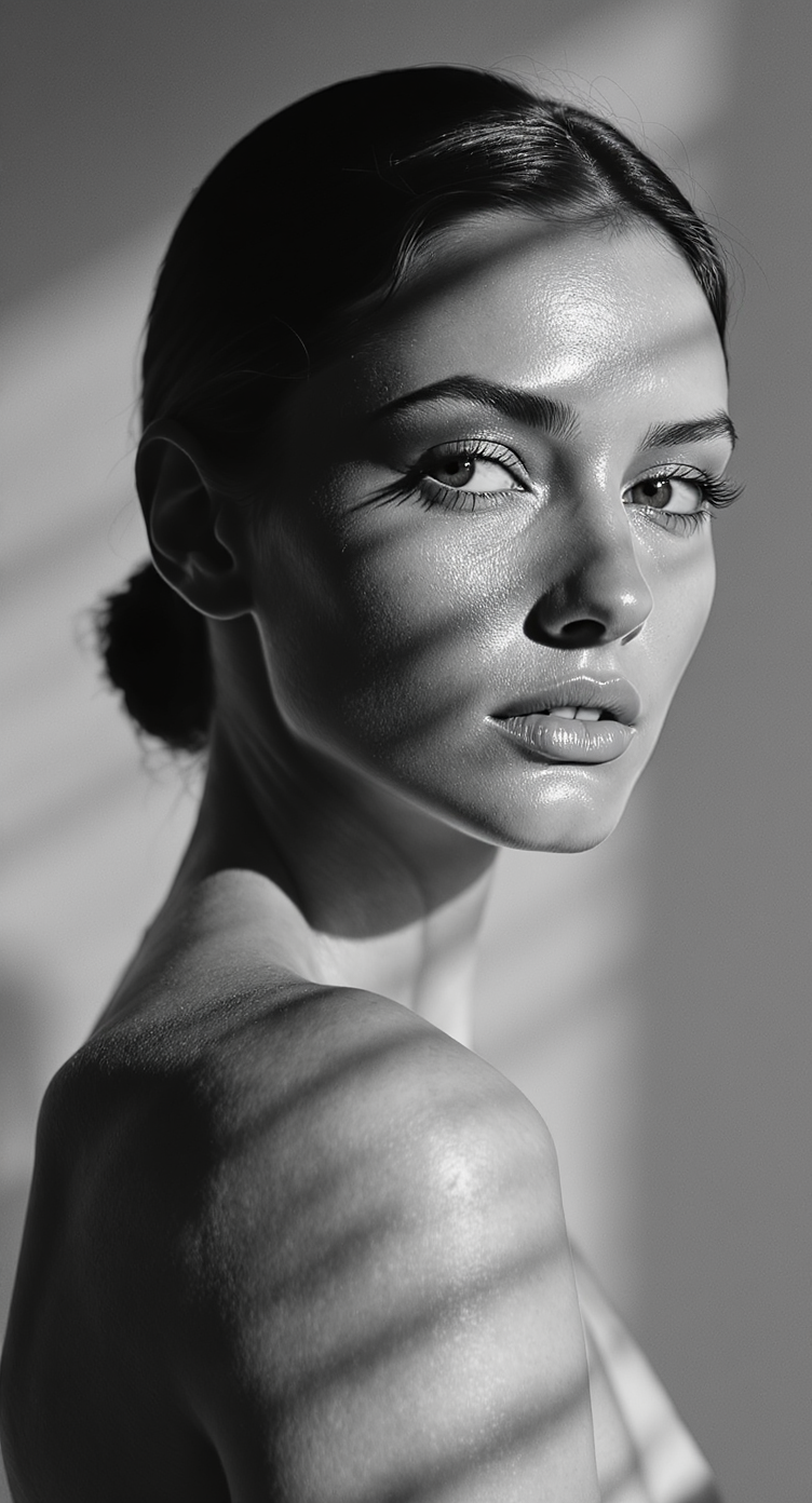 A striking black and white portrait captures a woman's face with shadows creating dramatic contrast