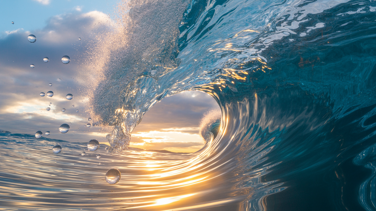 A massive ocean wave curls majestically under a vibrant sunset sky