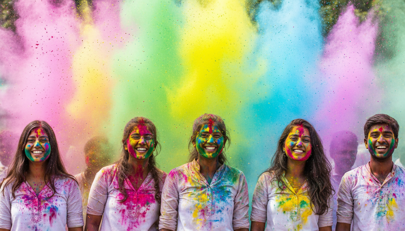 Vibrant celebration with colorful powder during Holi festival