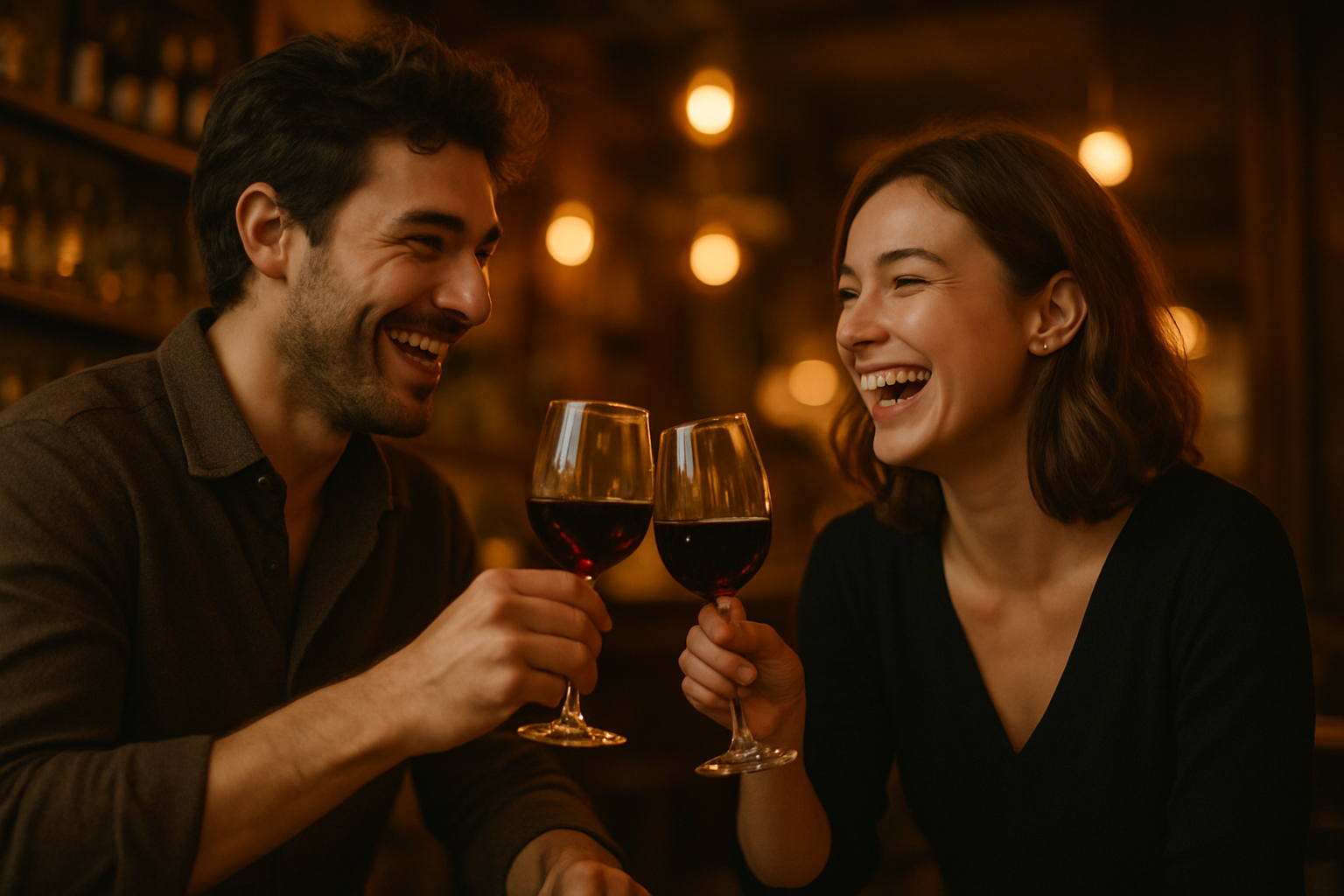 A imagem retrata um casal sorridente em um ambiente acolhedor, brindando com taças de vinho tinto. As cores quentes e suaves, combinadas com a iluminação suave, criam uma atmosfera íntima. O fundo desfocado sugere um bar ou restaurante, com prateleiras ao fundo.