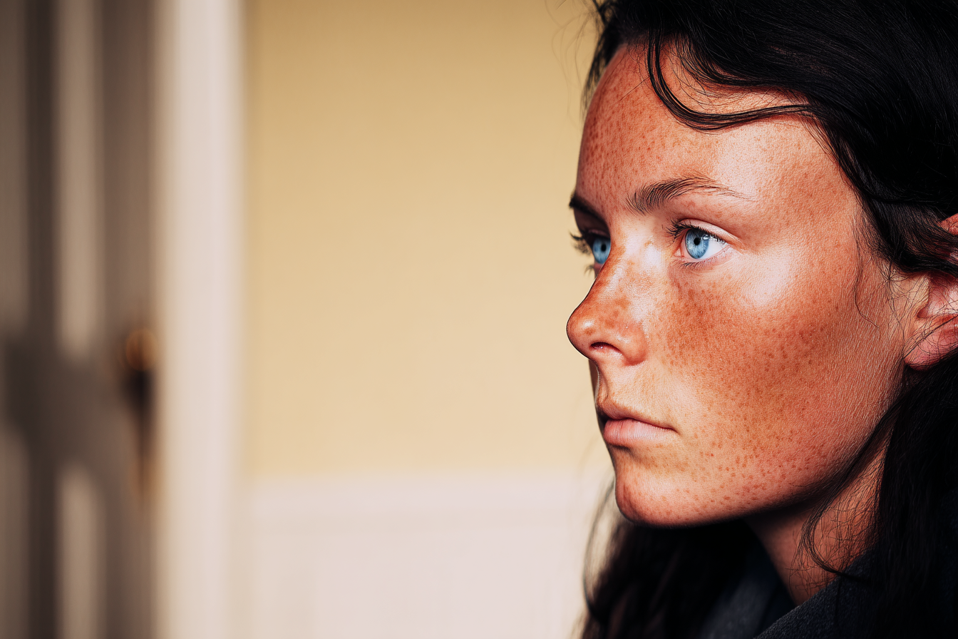 Retrato de uma jovem com pele clara e sardas, olhos azuis, olhando pensativa para o lado em um ambiente interno iluminado suavemente. O fundo apresenta uma porta e uma parede de cor clara, criando um contraste com o rosto da modelo.