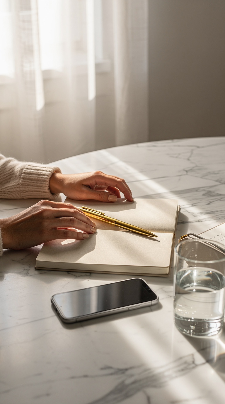 A person sits at a marble table, poised to write in a notebook with a sleek golden pen