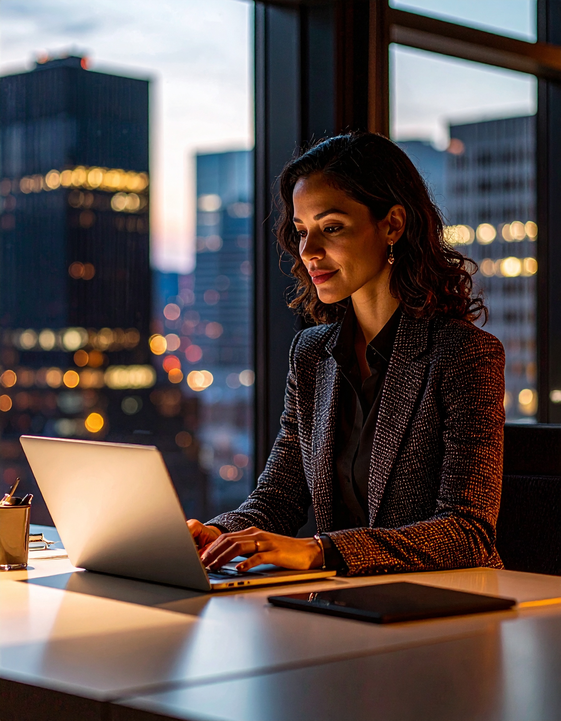 Mulher trabalhando em laptop em um escritório moderno, com janelas de vidro mostrando um skyline urbano ao entardecer. Iluminação suave destaca o rosto concentrado e reflete no laptop de prata. Ambiente profissional e sereno, com uma caneta e caderno ao lado. O cenário externo apresenta prédios iluminados, criando um contraste entre interior e exterior.