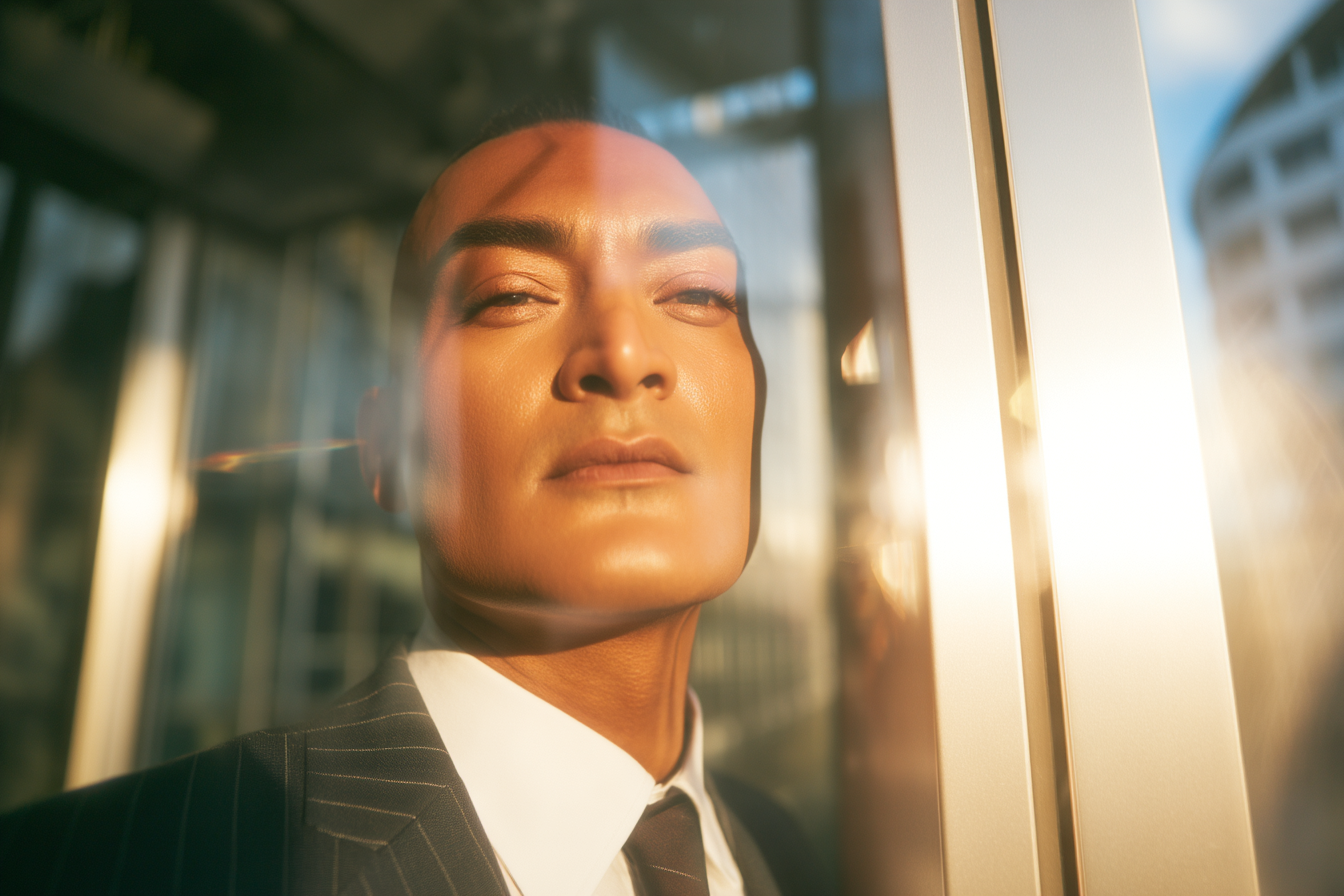 Retrato de um homem em um terno listrado, posando em frente a uma parede de vidro com luz suave refletida. A imagem destaca a expressão confiante e o estilo sofisticado, ideal para temas de moda e negócios.