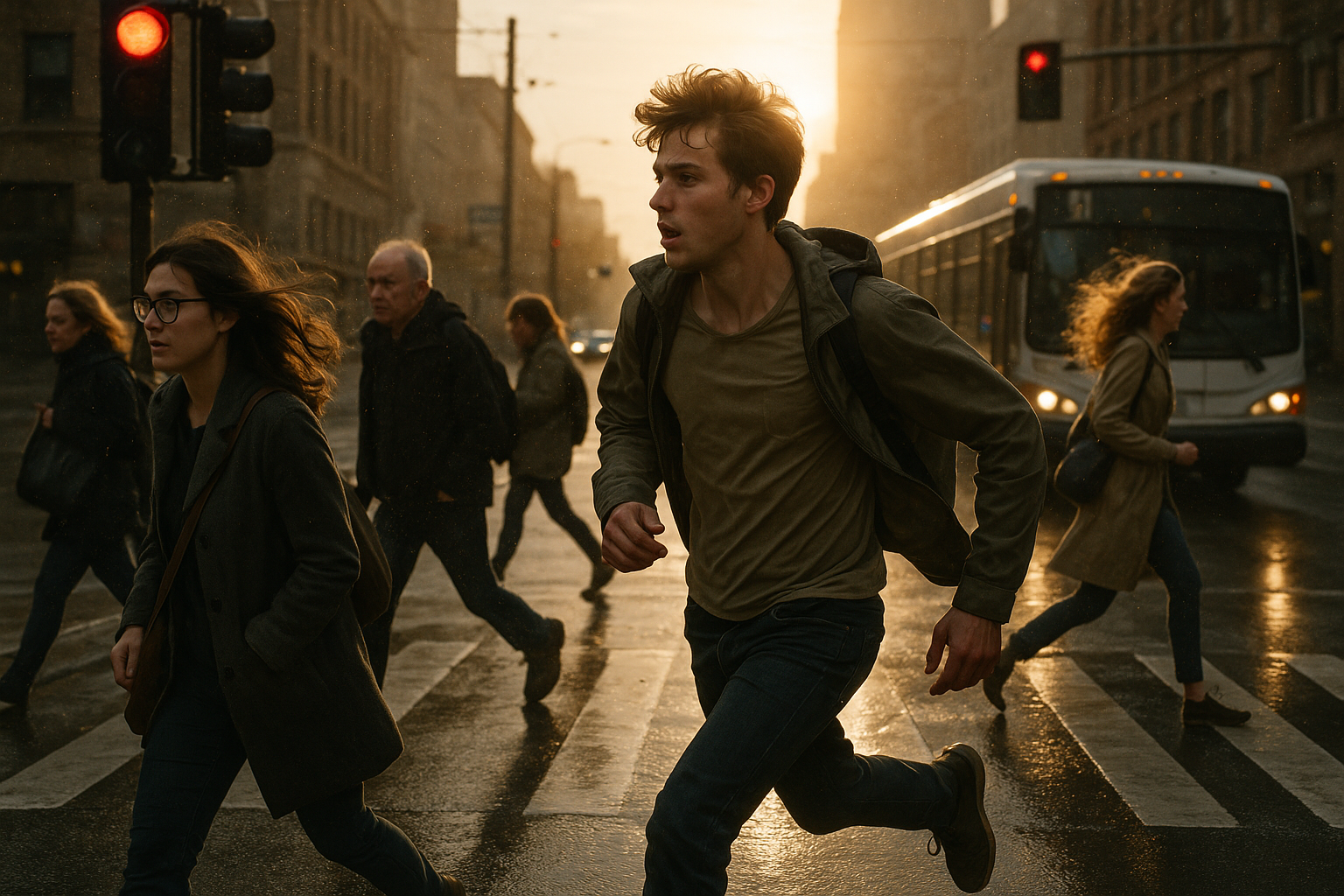 A imagem retrata uma cena urbana dinâmica durante o crepúsculo, onde várias pessoas cruzam uma faixa de pedestres em uma estrada molhada. A luz do sol poente cria um efeito dramático, iluminando a cena com tons quentes e dourados, enquanto as figuras humanas estão em movimento, transmitindo uma sensação de urgência.