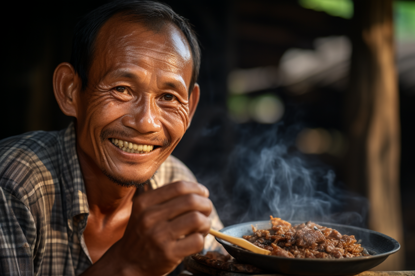 Homem sorridente segurando uma colher, apreciando um prato de comida fumegante em um ambiente rústico. A imagem captura a alegria e a simplicidade da culinária tradicional.