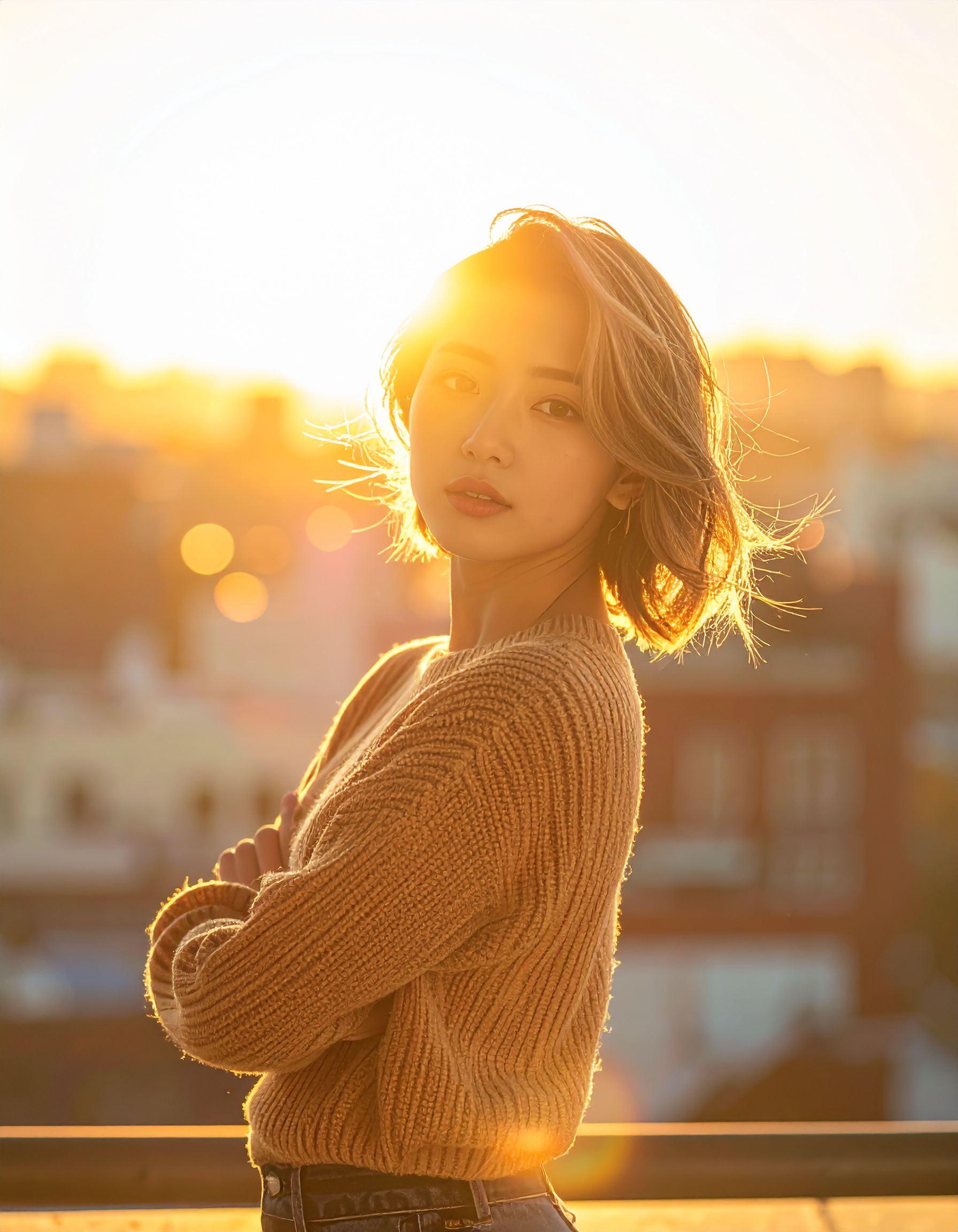 A young woman stands confidently in the golden glow of sunset