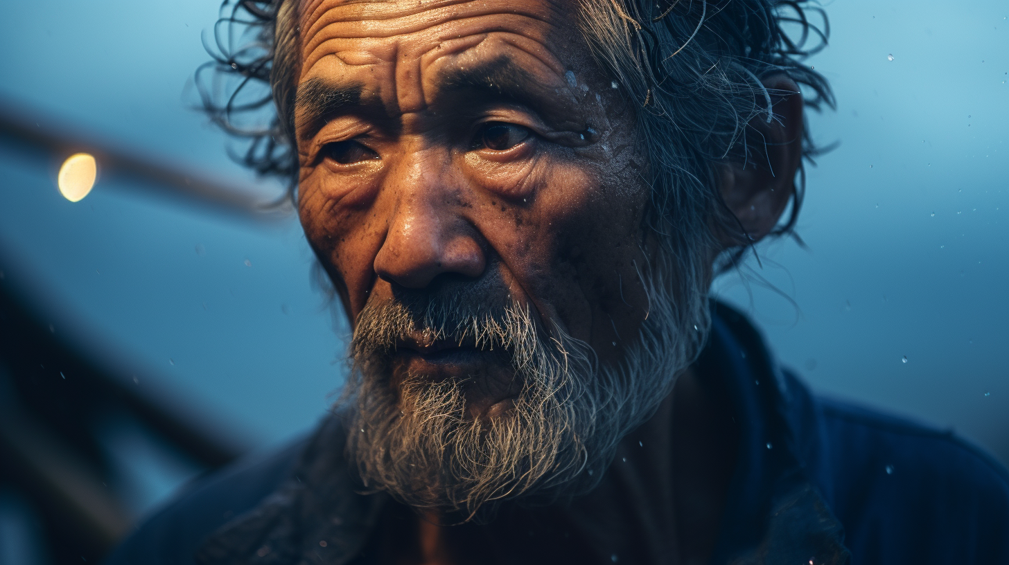 Retrato de um homem idoso com barba e cabelo desgrenhado, exibindo um olhar profundo sob a luz suave de um ambiente chuvoso, destacando as texturas do rosto e a expressão de sabedoria e experiência.