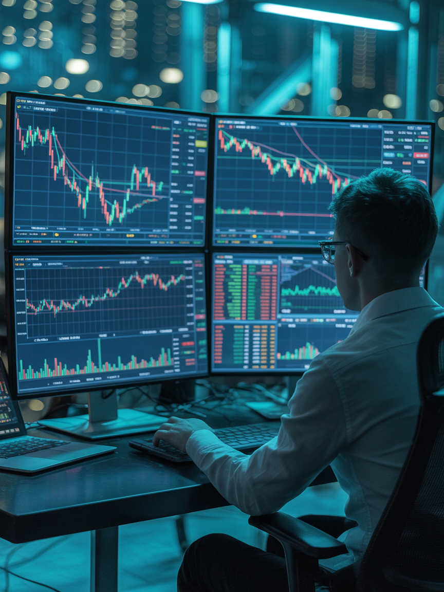 Man Analyzing Financial Data on Multiple Computer Screens