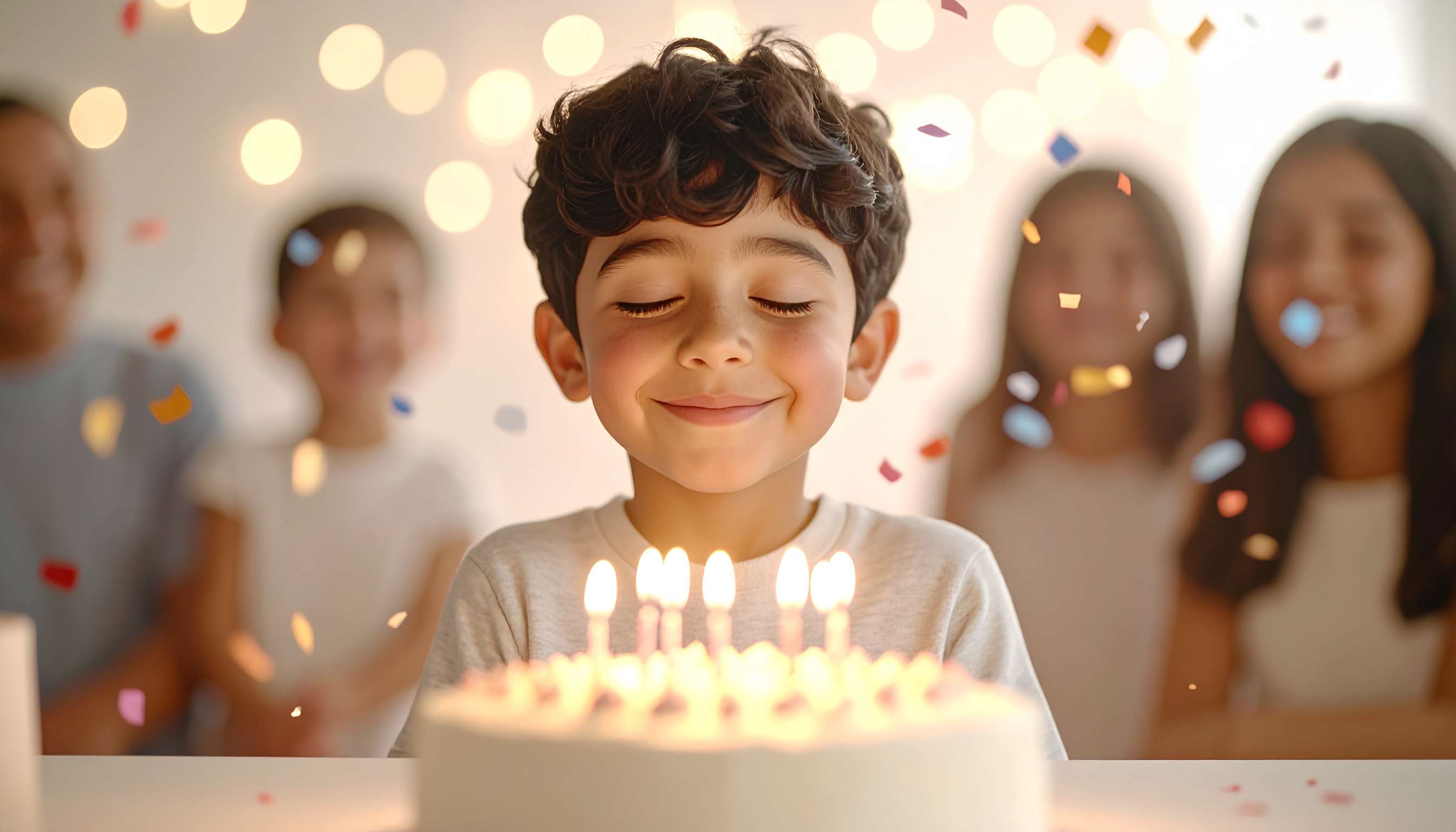 Garoto sorridente celebra aniversário com olhos fechados, cercado por amigos e luzes de velas em um ambiente festivo e aconchegante, transmitindo felicidade e união.