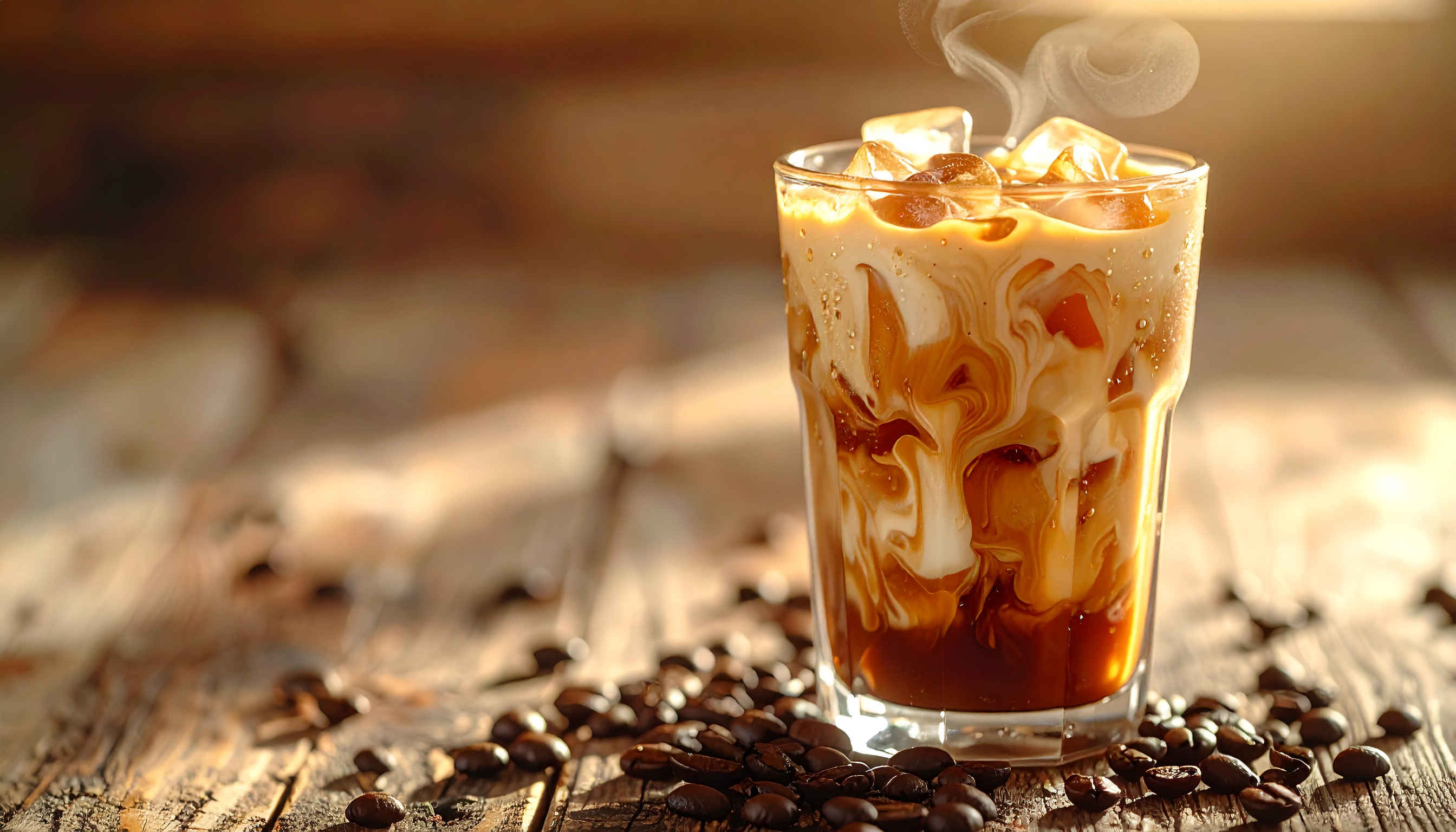 Copo de café gelado com leite em uma mesa rústica de madeira. Ideal para refrescar-se em dias quentes, proporcionando energia e sabor. A mistura de café e leite forma um efeito visual de redemoinho encantador. Perfeito para uma pausa à tarde ou para acompanhar um brunch. O contraste entre o gelo e o vapor cria uma experiência sensorial única.