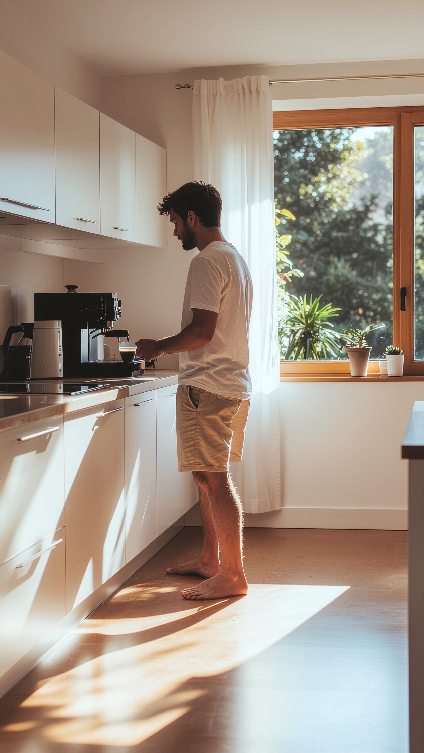 A man prepares coffee in a sunlit modern kitchen