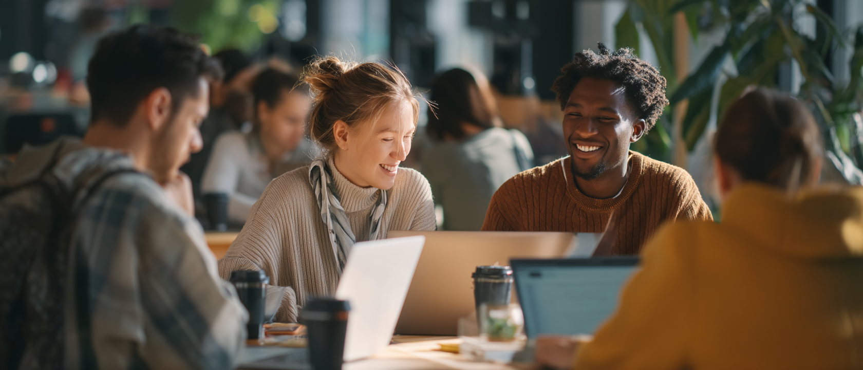 Grupo de jovens estudantes sorrindo e colaborando em um ambiente de café moderno, com laptops abertos e bebidas. O cenário reflete um espaço de aprendizado e interação social.
