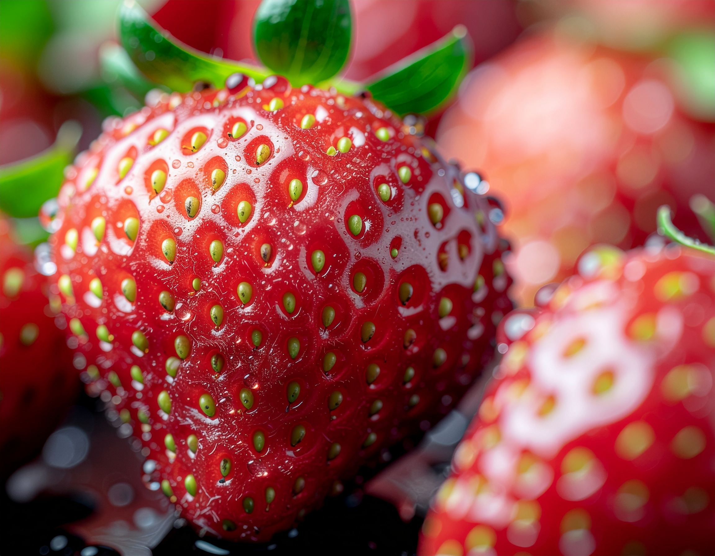 A vibrant red strawberry with dewdrops glistens under soft lighting
