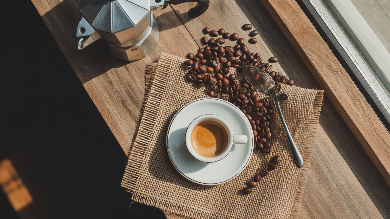 A freshly brewed cup of espresso sits elegantly on a wooden table, surrounded by scattered