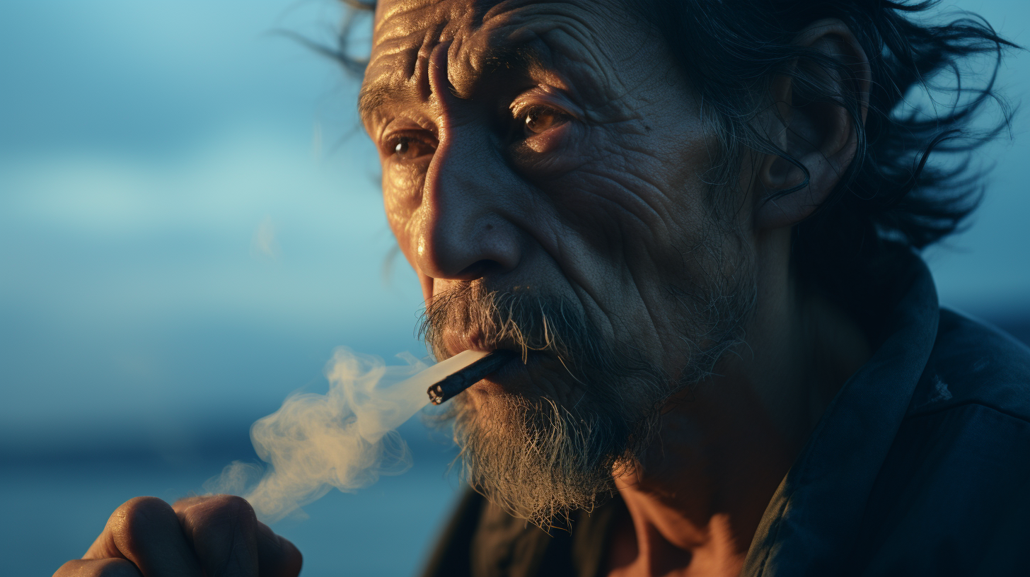 Close-up portrait of an older man with a weathered face and long hair, smoking a cigarette against a blurred blue background. The image captures the intricate details of his facial features, including deep wrinkles and a thoughtful expression, creating a poignant atmosphere.