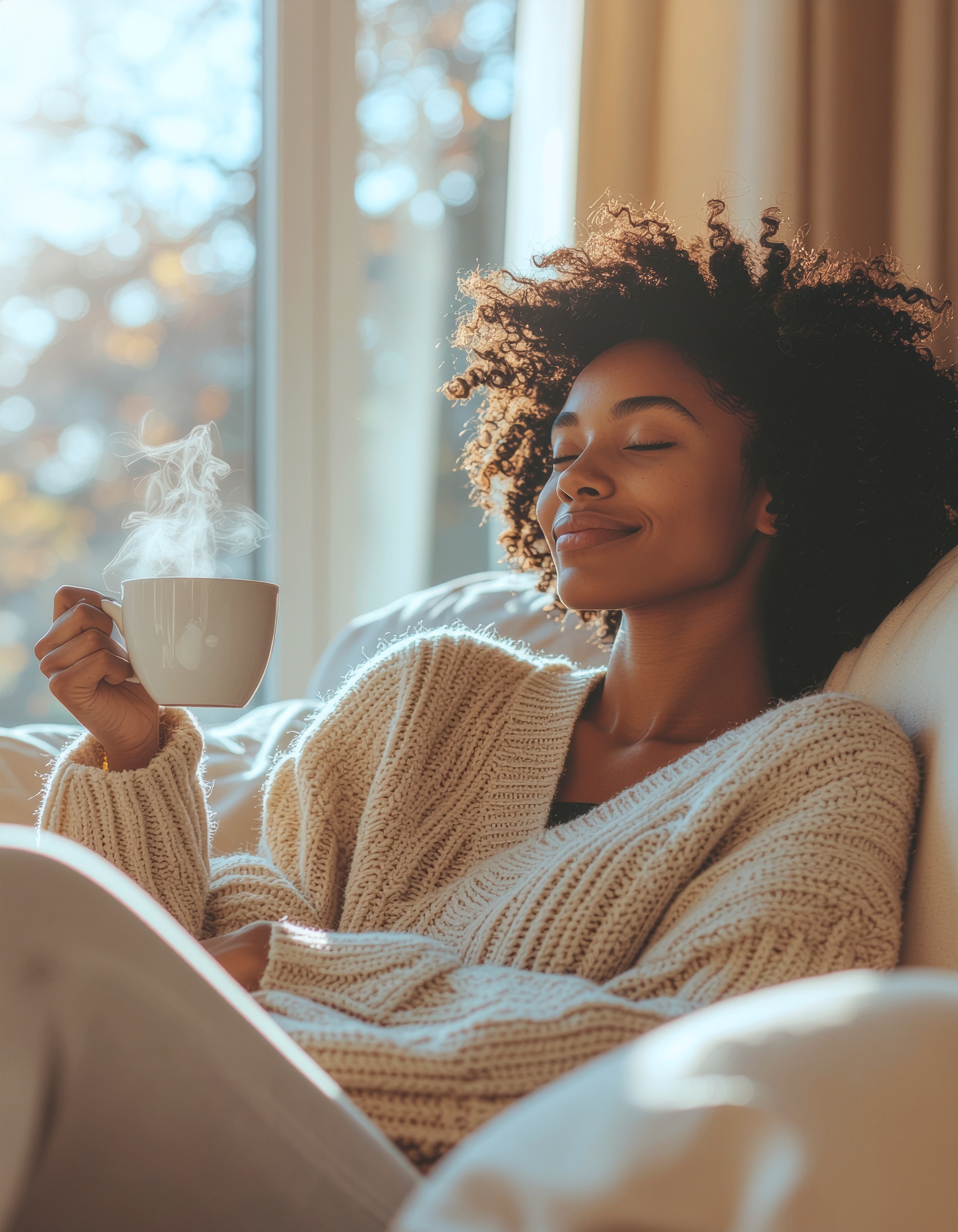 Mulher relaxando em um sofá com uma xícara de café quente em mãos, expressão serena e olhos fechados. Iluminação suave e quente de luz natural entrando pela janela, destacando os detalhes do suéter de tricô bege, criando uma atmosfera acolhedora e tranquila. A composição captura um momento de paz e introspecção, com foco suave e profundidade de campo que destaca a mulher contra um fundo desfocado.