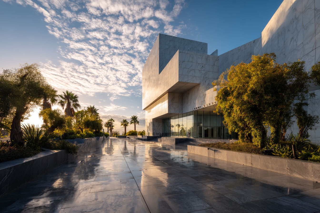 A imagem apresenta uma arquitetura moderna em um ambiente externo, com um céu azul claro e nuvens dispersas. O edifício é de uma tonalidade clara, destacando-se com uma superfície reflexiva que captura a luz do sol, criando um efeito luminoso. O piso é de pedra polida, refletindo as árvores e o céu. A vegetação ao redor é abundante, com palmeiras e arbustos que adicionam um contraste verde ao ambiente.