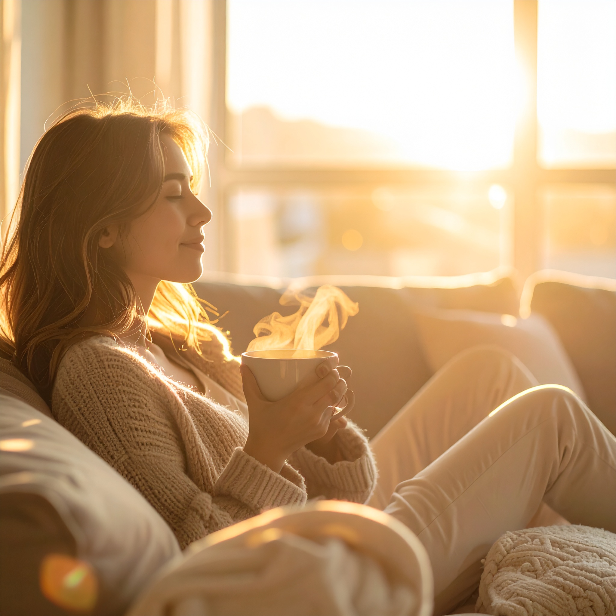 Woman Relaxing on Sofa with Coffee