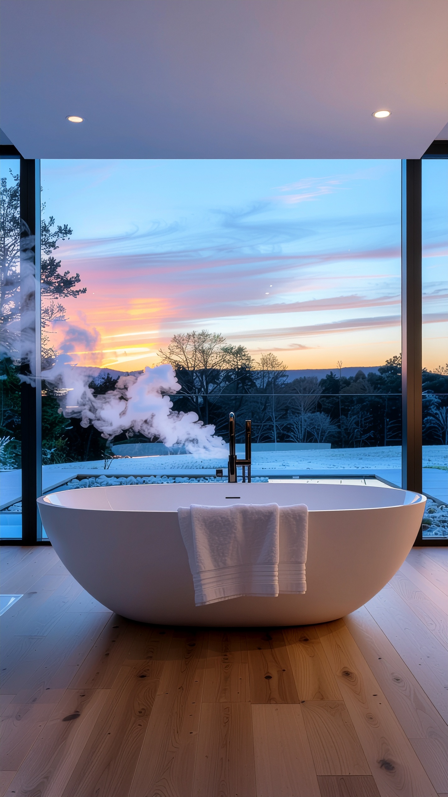 Banheira branca elegante em ambiente moderno, com piso de madeira clara e janela ampla mostrando um pôr do sol vibrante em tons de azul e laranja.
