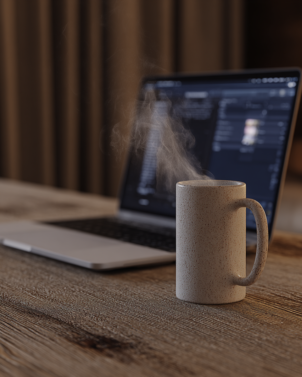 Uma caneca de cerâmica bege exala vapor sobre uma mesa de madeira texturizada, enquanto um laptop desfocado está ao fundo, criando uma atmosfera quente e acolhedora. A iluminação suave destaca os detalhes rústicos da madeira e o vapor da bebida, transmitindo uma sensação de tranquilidade em um ambiente de trabalho ou estudo. O ângulo é ligeiramente inclinado, com foco preciso na caneca, adicionando profundidade à composição.