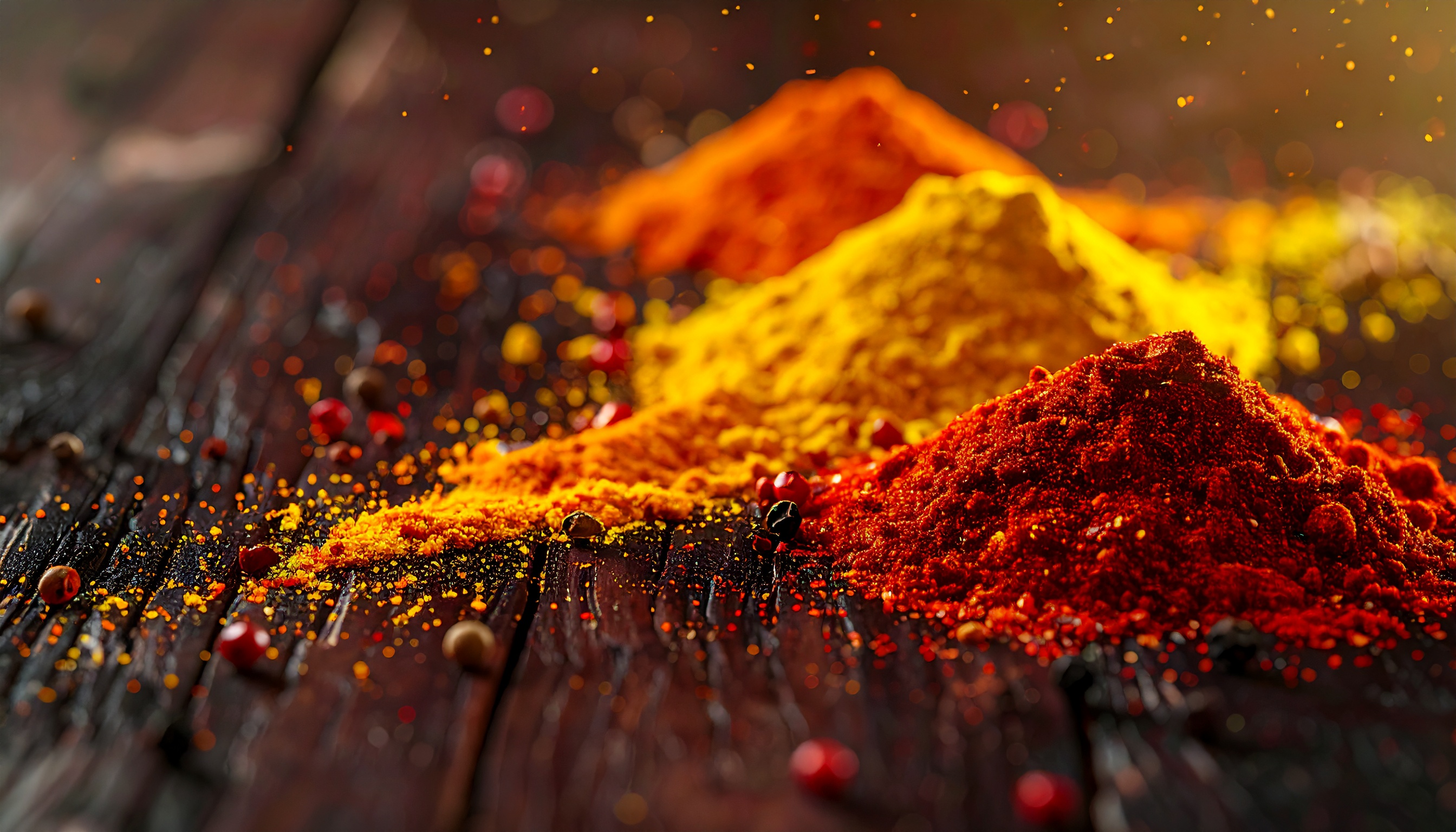 Colorful Spices in Red, Yellow, and Orange on Dark Wood