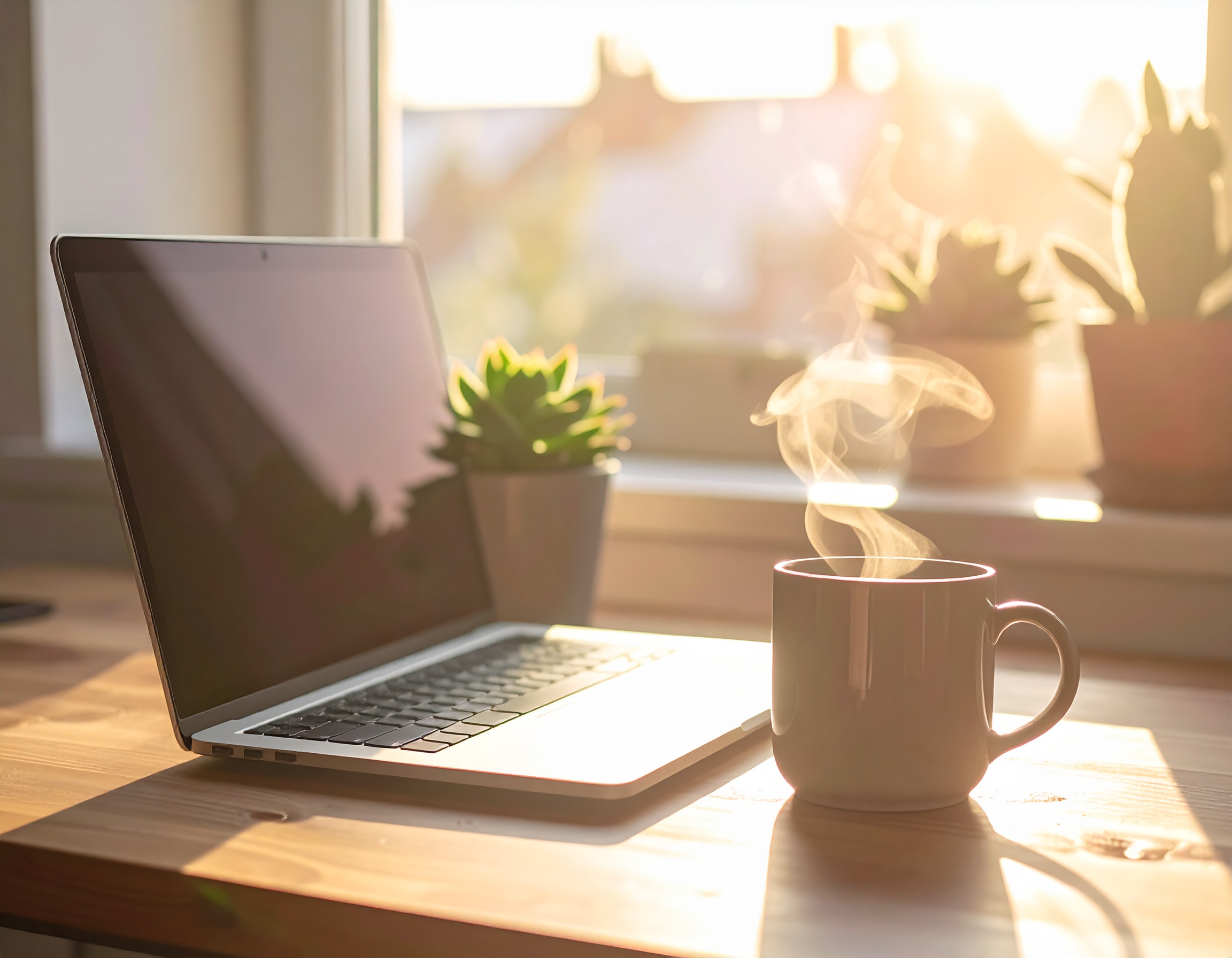 A sleek laptop sits on a wooden desk next to a steaming mug under warm sunlight