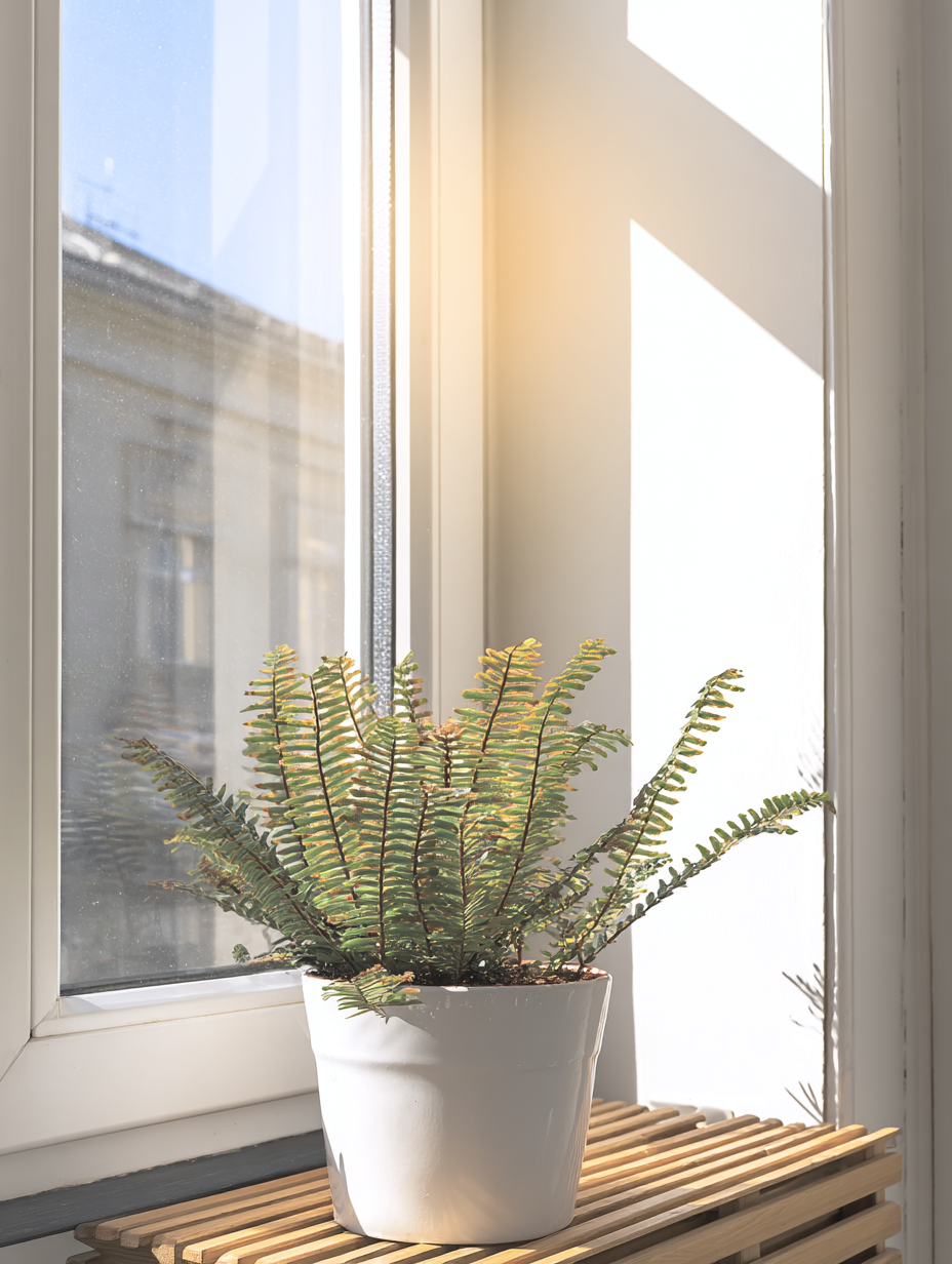 Planta em vaso branco sobre banco de madeira em varanda iluminada, com luz natural suave entrando pela janela, criando sombras delicadas. O ambiente é sereno e minimalista, destacando a textura das folhas verdes contra o fundo claro.