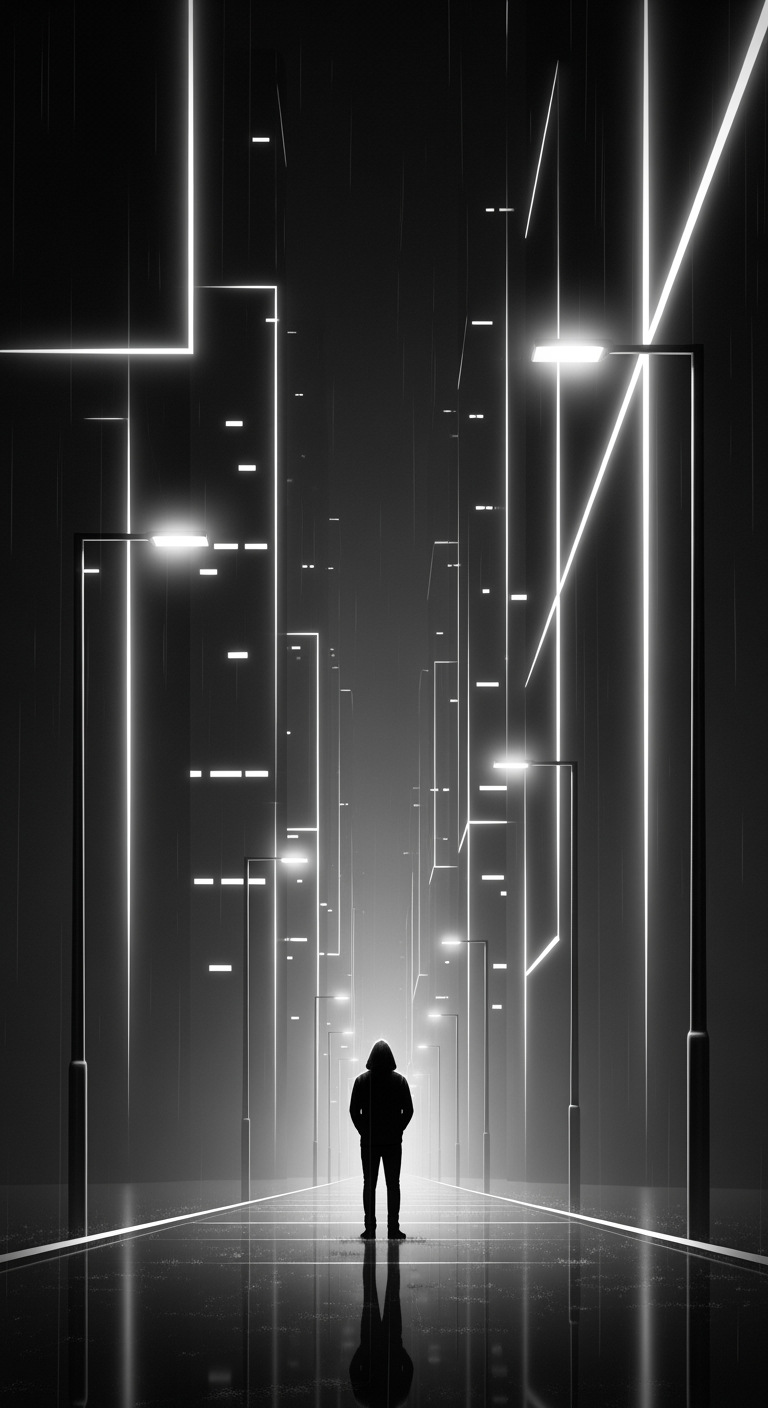 A solitary figure stands on a futuristic, illuminated street