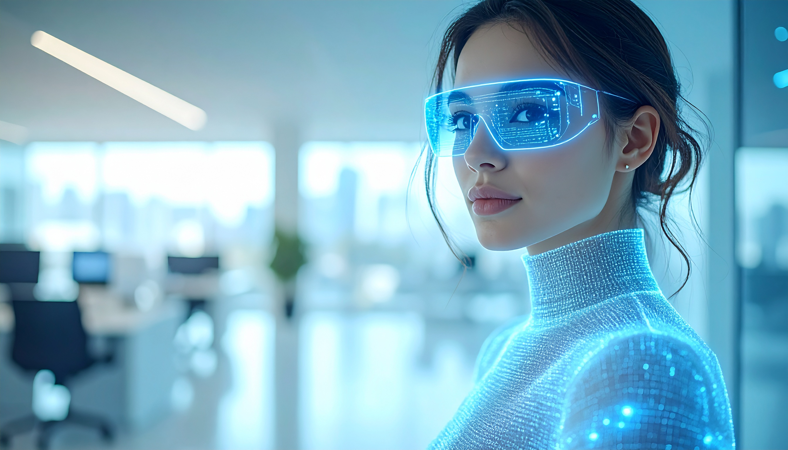 Mulher usando óculos de realidade aumentada em ambiente moderno de escritório. Esses óculos são ideais para aplicações em tecnologia e design, promovendo experiências imersivas. Destacam-se pelo design futurista e luzes LED azuis que chamam atenção. São perfeitos para eventos tecnológicos e apresentações inovadoras. Sua integração com ambientes corporativos oferece um diferencial de alta tecnologia.