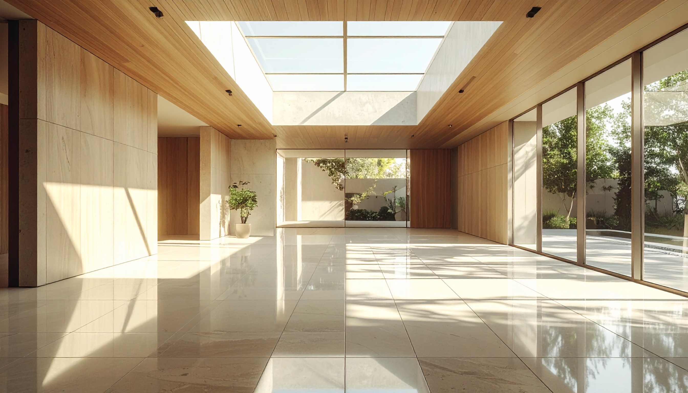 Modern architectural space with expansive glass walls and wooden finishes