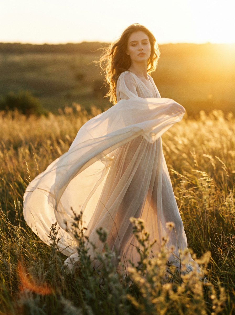 A woman in a flowing dress stands in a sunlit field, evoking a sense of tranquility and freedom