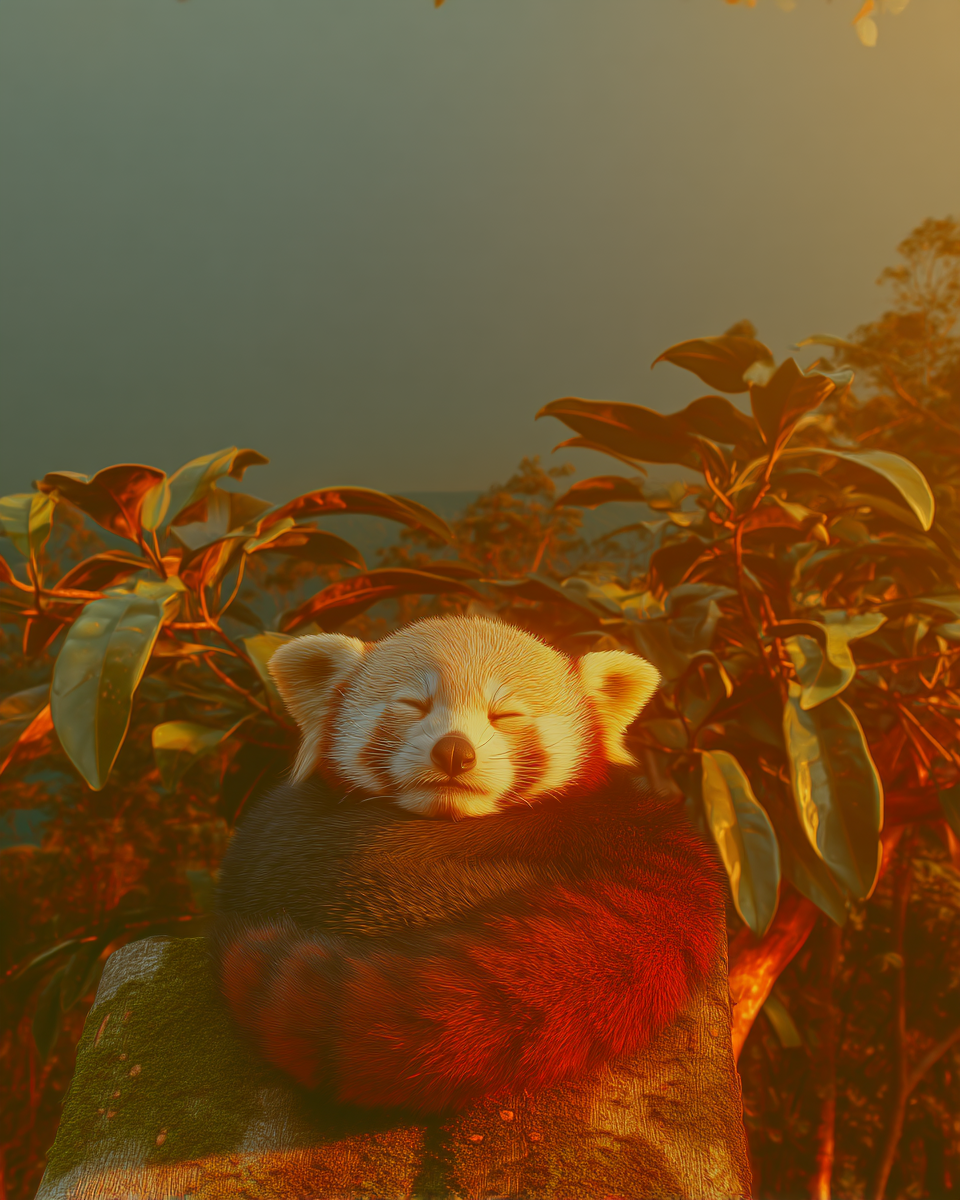 Um panda-vermelho adormecido repousa serenamente sobre um tronco, rodeado por folhas iluminadas pelo pôr do sol, criando uma atmosfera de tranquilidade e beleza natural.