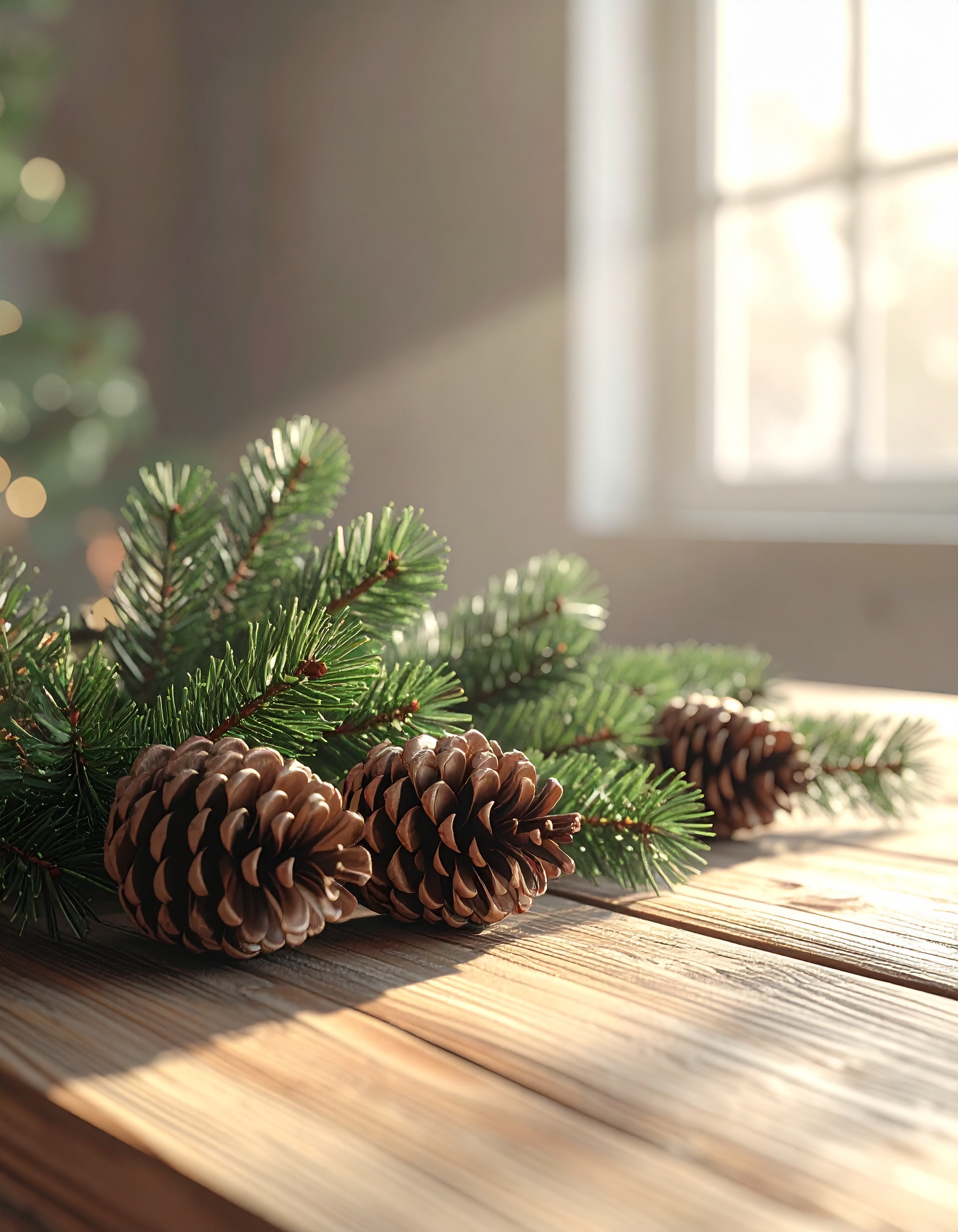 Galhos de pinheiro com pinhas sobre uma mesa de madeira iluminada por luz suave e natural que entra pela janela, criando uma atmosfera acolhedora e serena. A composição destaca o contraste entre as texturas das pinhas e das agulhas verdes, com foco nítido nos detalhes e profundidade de campo suave.