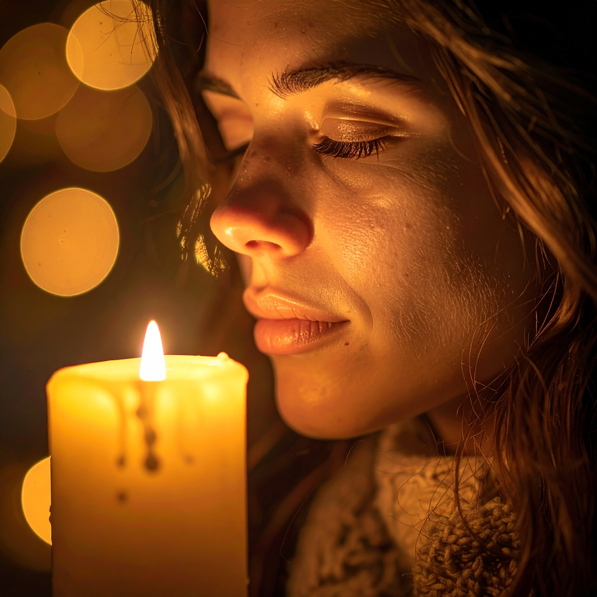 Retrato em close-up de uma pessoa com uma vela acesa iluminando suavemente o rosto. A luz quente cria uma atmosfera tranquila e introspectiva, com bokehs circulares ao fundo, enfatizando a serenidade do momento. A composição é focada e intimista, destacando texturas da pele e do cabelo, com pouca profundidade de campo.