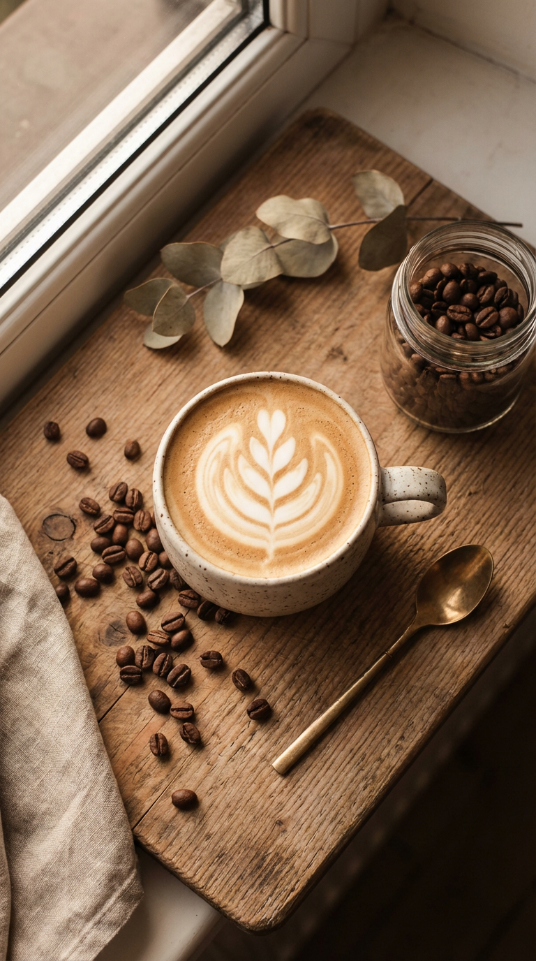 A beautifully crafted latte sits on a rustic wooden board next to a jar of coffee beans