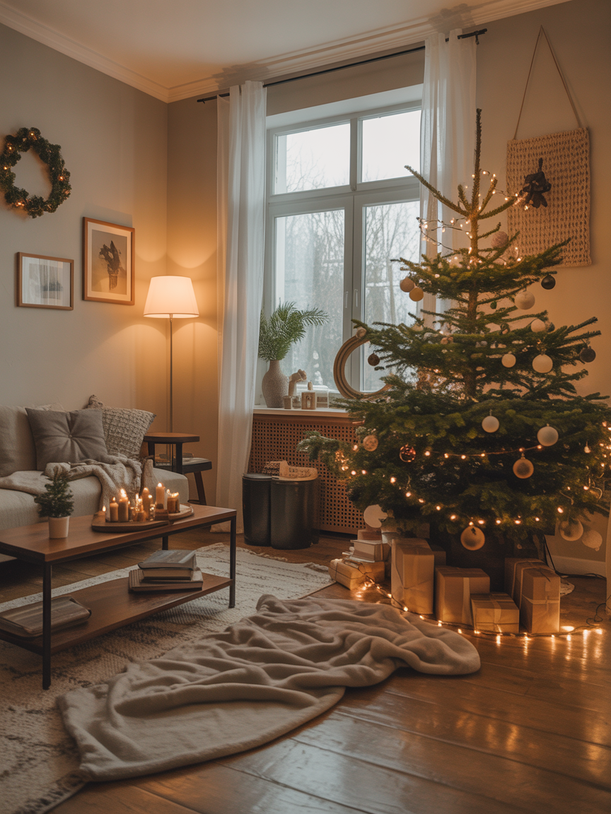 Cozy Christmas Living Room with Decorated Tree and Gifts