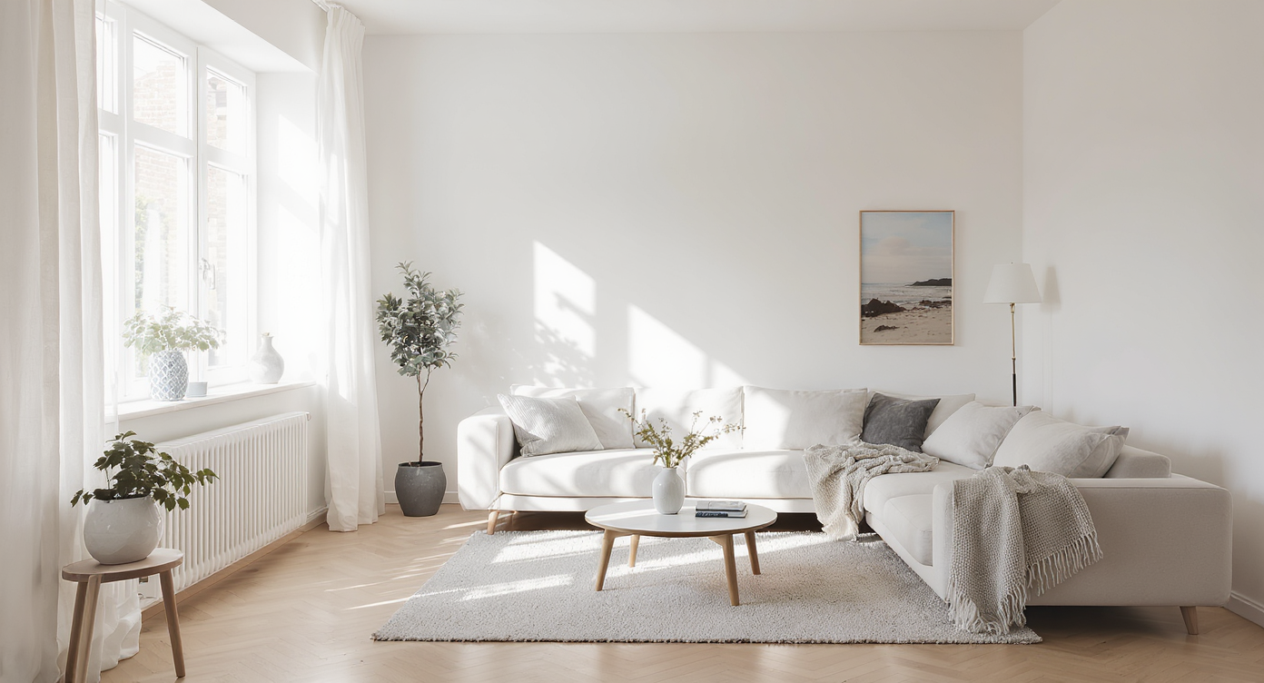 Sala de estar elegante com sofá em tons neutros e decoração minimalista. Ideal para quem busca um ambiente aconchegante e sofisticado em casa. O espaço é iluminado por uma grande janela, destacando o piso de madeira clara e plantas decorativas. Perfeito para momentos de relaxamento ou para receber visitas com estilo. A composição harmoniosa dos elementos cria uma atmosfera de tranquilidade e modernidade.