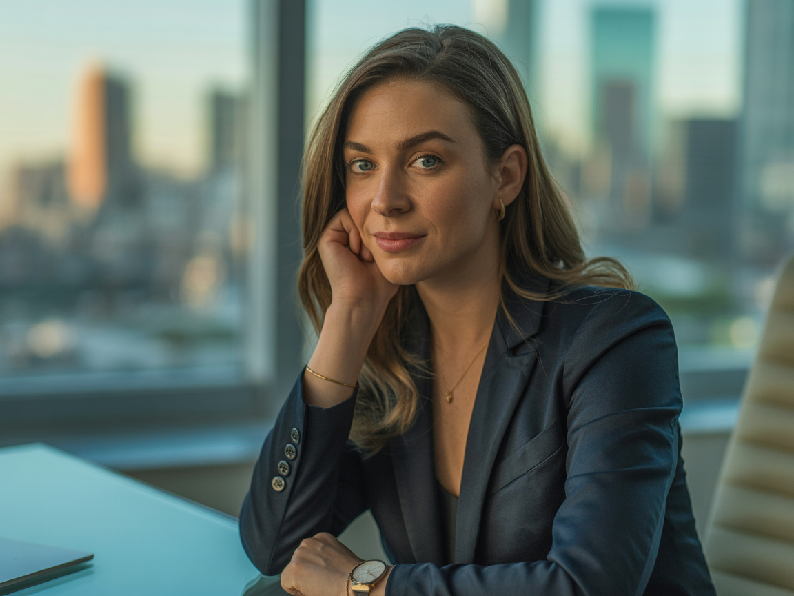 A professional woman sits confidently at a desk in a modern office setting