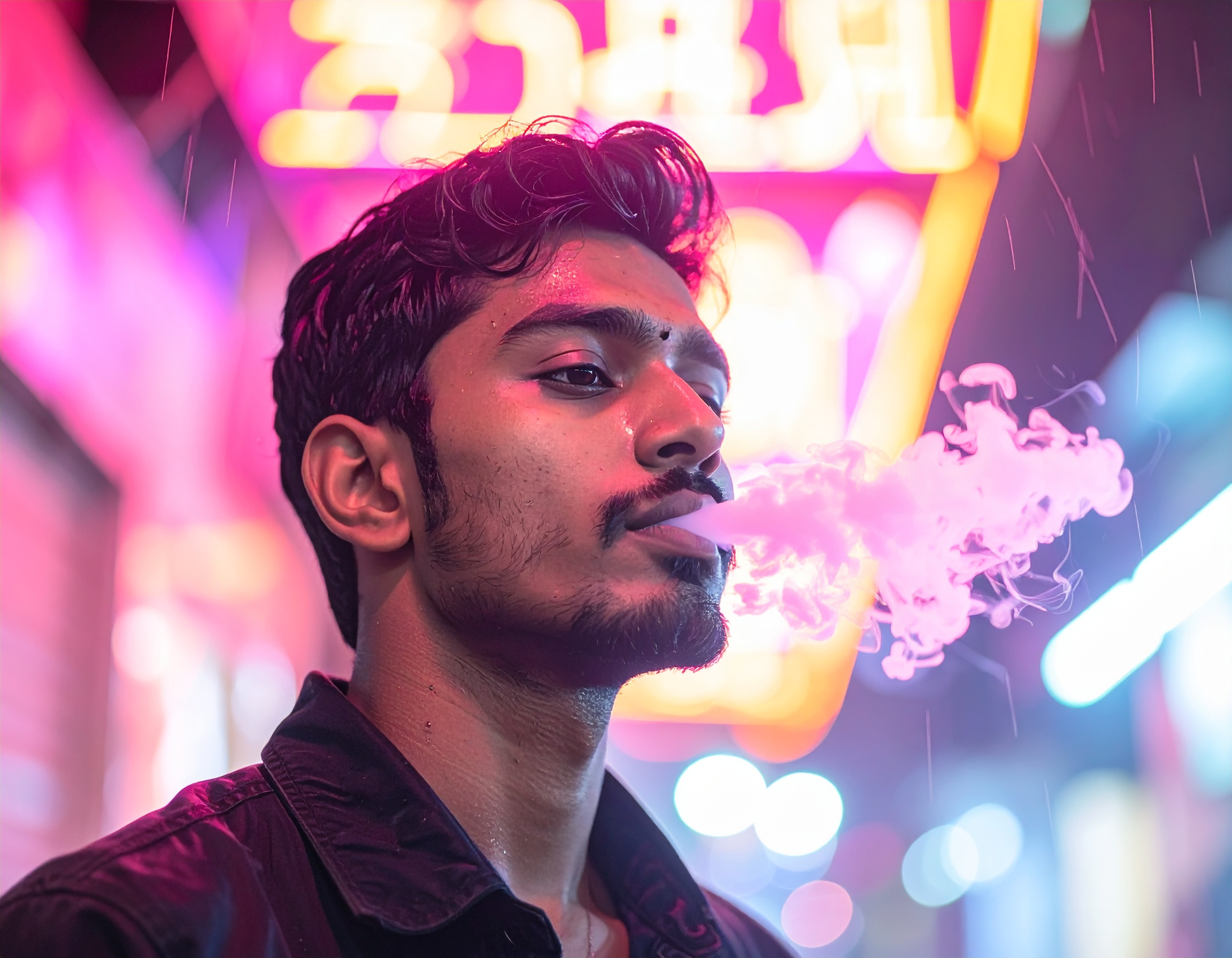 A young man exhales vapor in front of vibrant neon lights