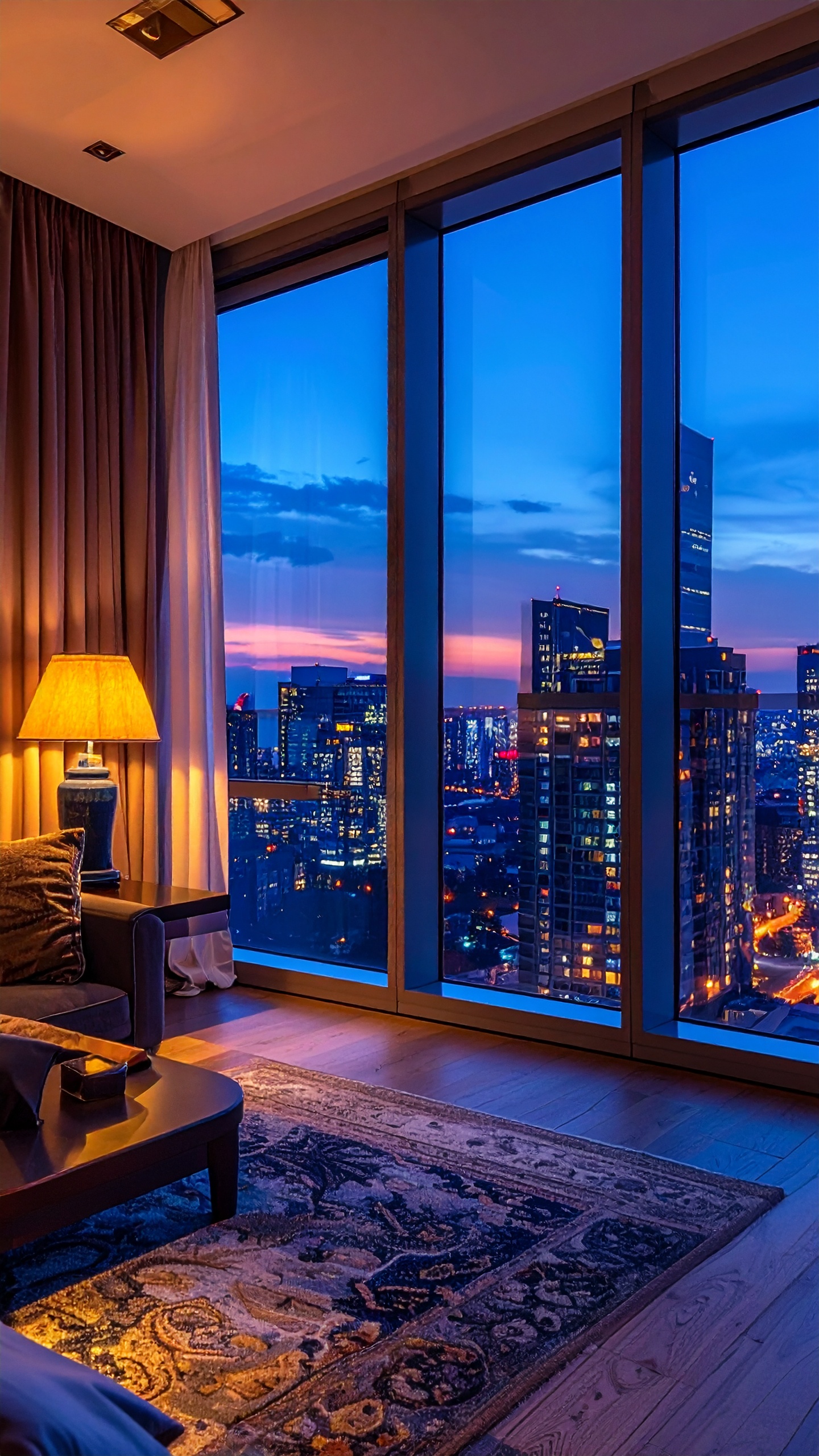Luxurious living room with a stunning cityscape view at dusk