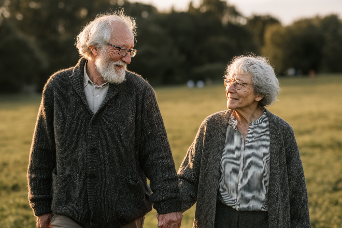 Casal de idosos caminhando de mãos dadas em um campo ao entardecer, mostrando amor e companheirismo. O homem possui cabelos grisalhos e barba, enquanto a mulher tem cabelos curtos e usa óculos. Ambos vestem suéteres aconchegantes, em um cenário natural tranquilo.