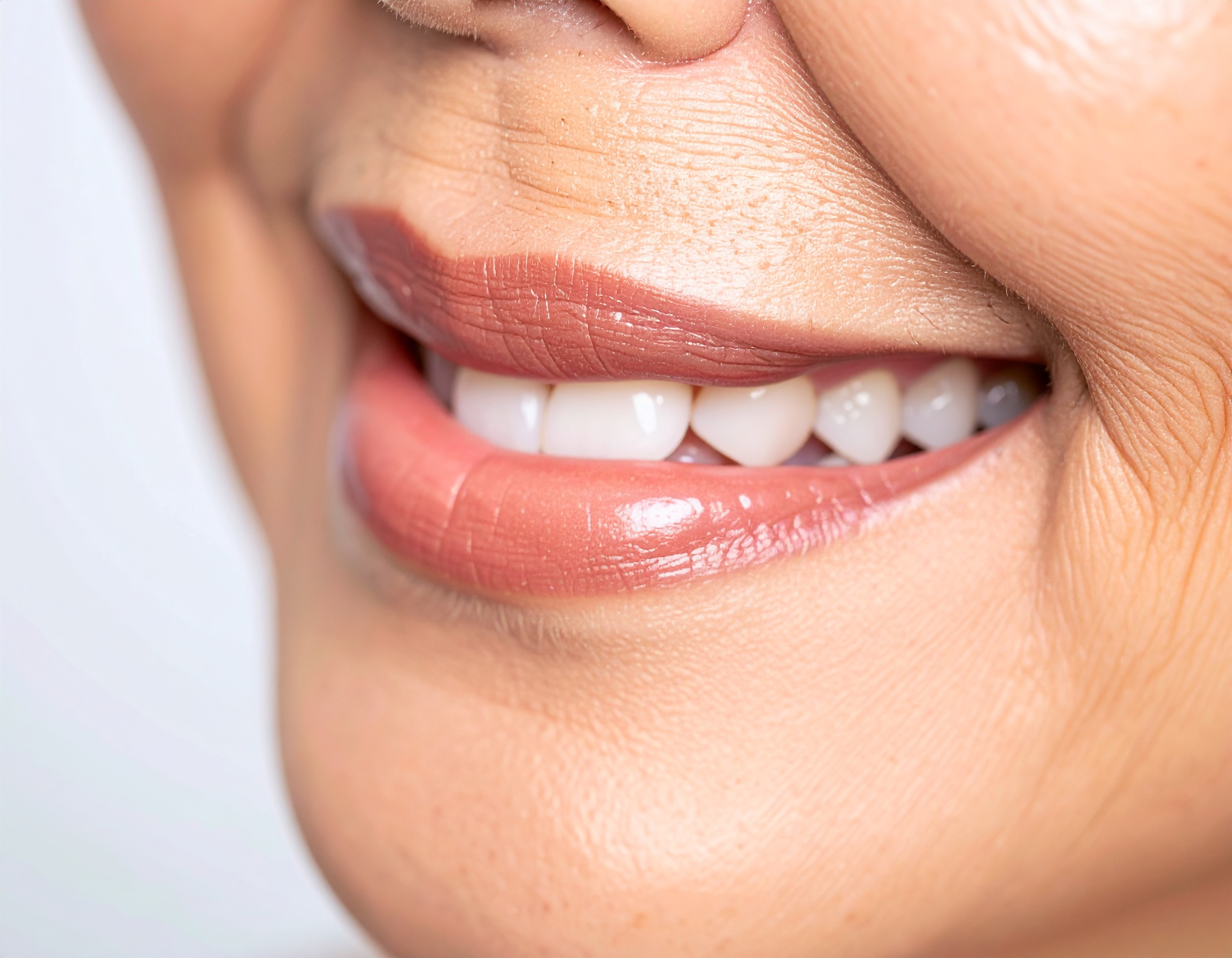 A close-up of a woman's radiant smile, showcasing healthy teeth and smooth skin