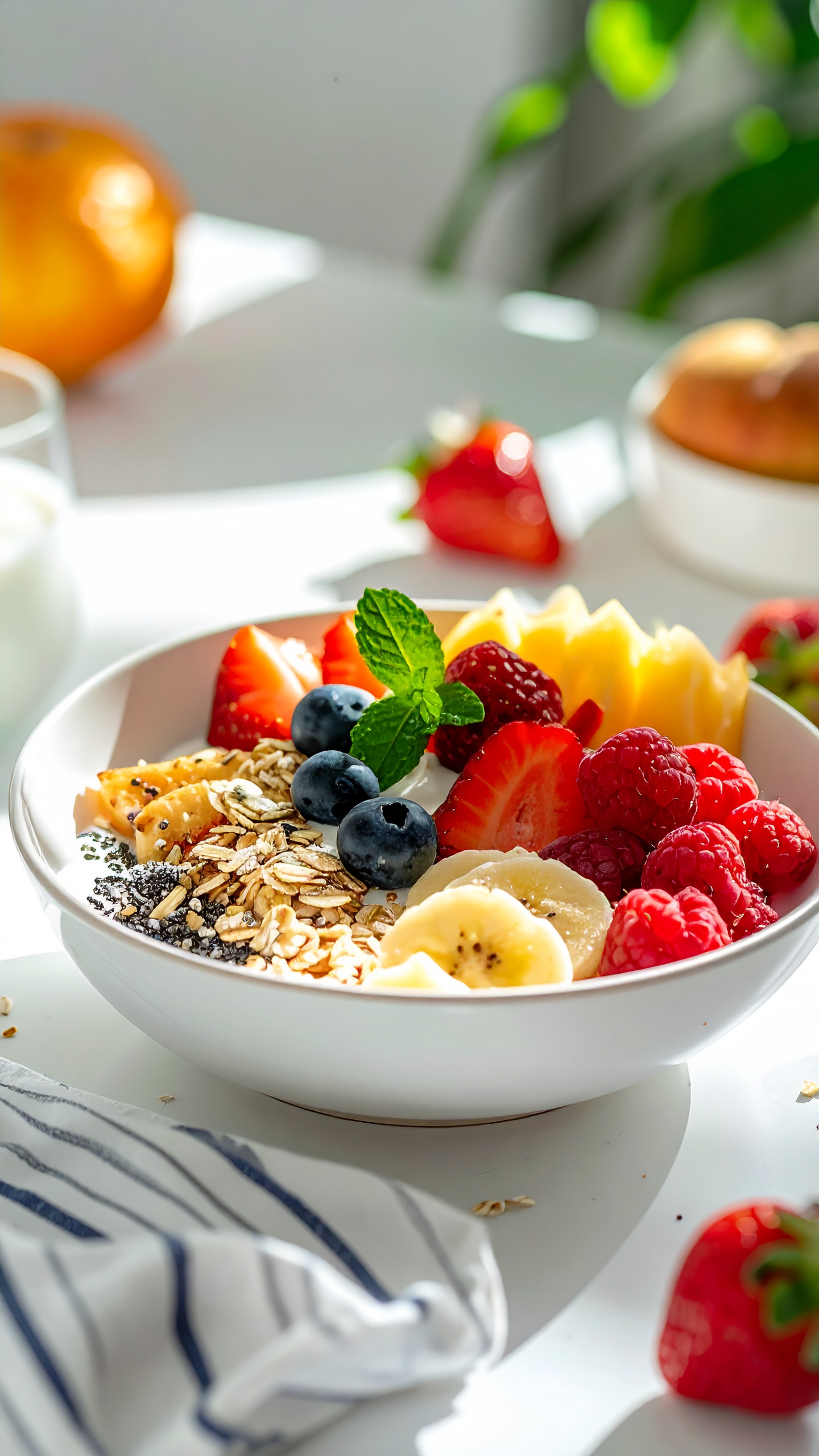Colorful Fruit Bowl with Strawberries, Raspberries, Blueberries, and Banana