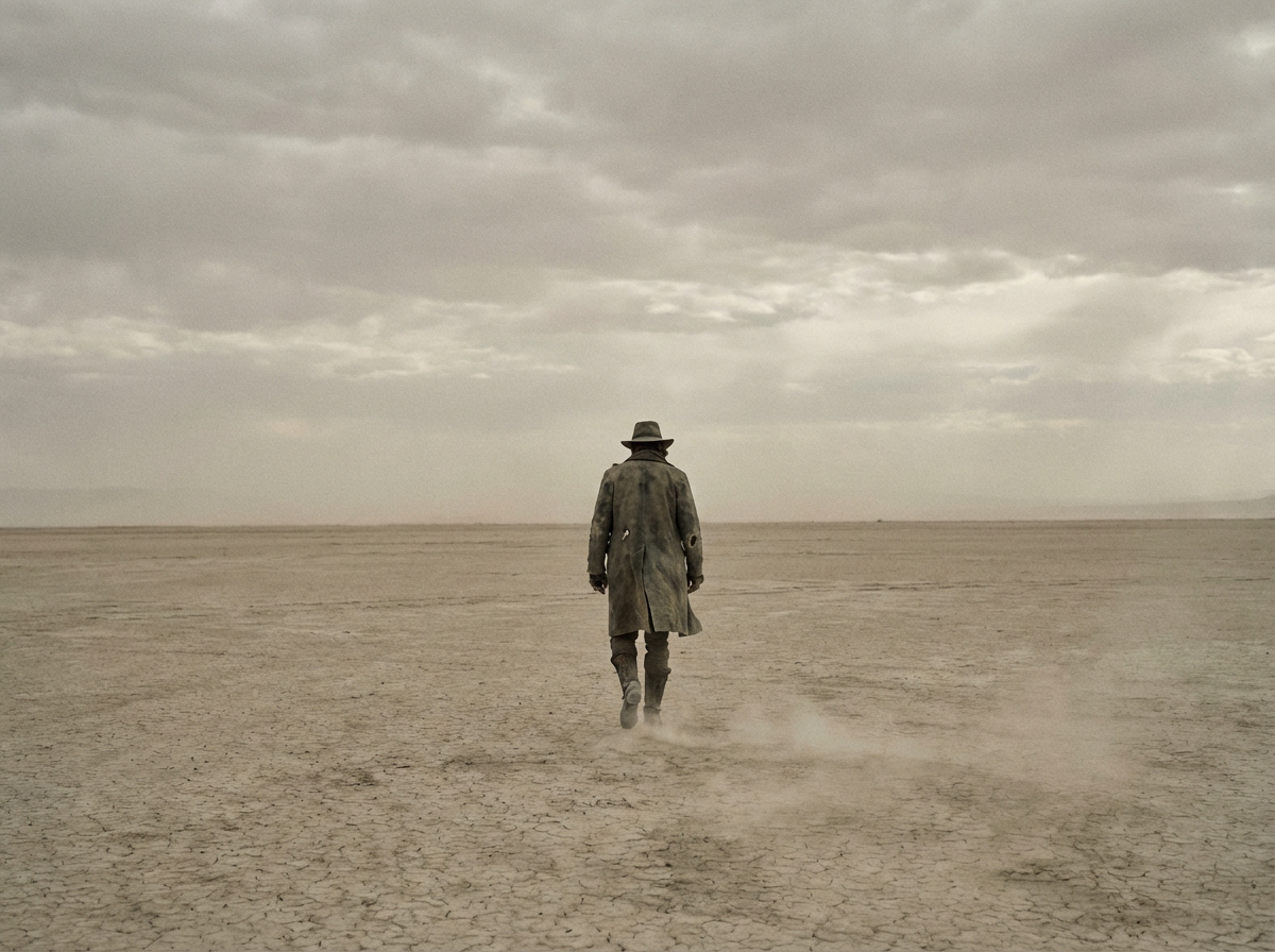 A lone figure in a trench coat walks across a barren desert expanse under a cloudy sky